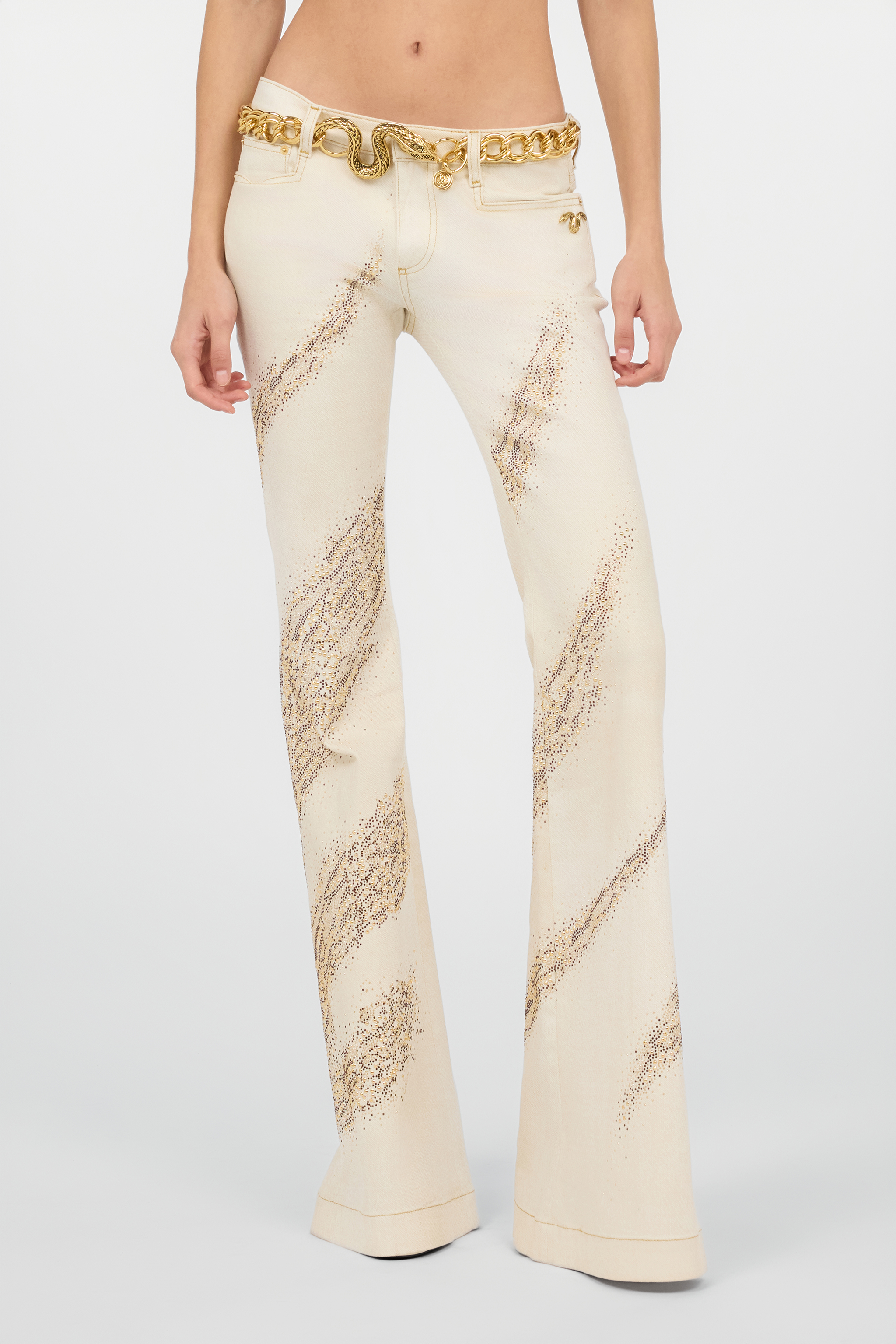  Roberto Cavalli Ivory Flared Jeans With Gold Animal-print Detailing - Female Trousers & Shorts Ivory/gold 46 