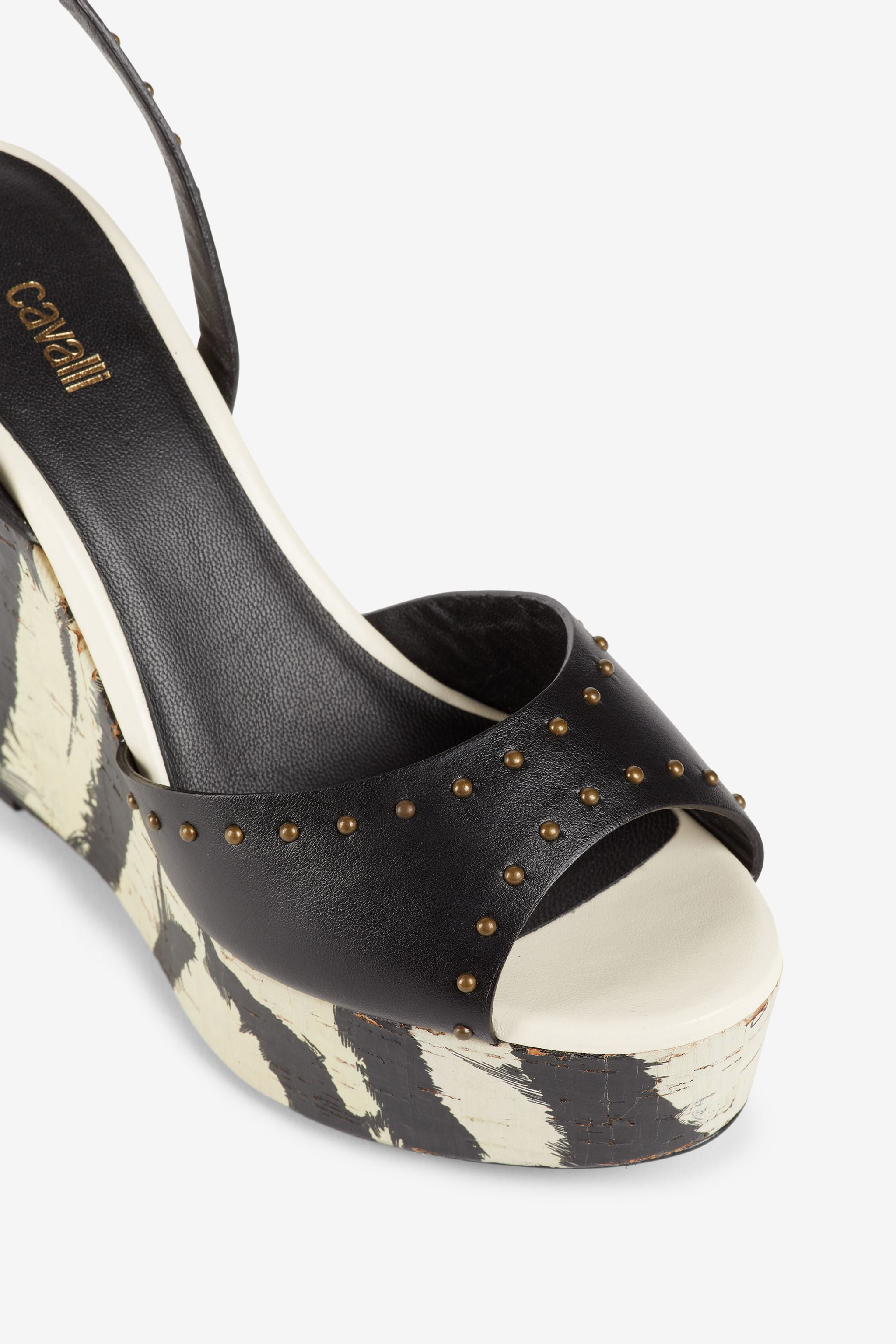 Roberto Cavalli Freedom-print Studded Wedges In Black/white
