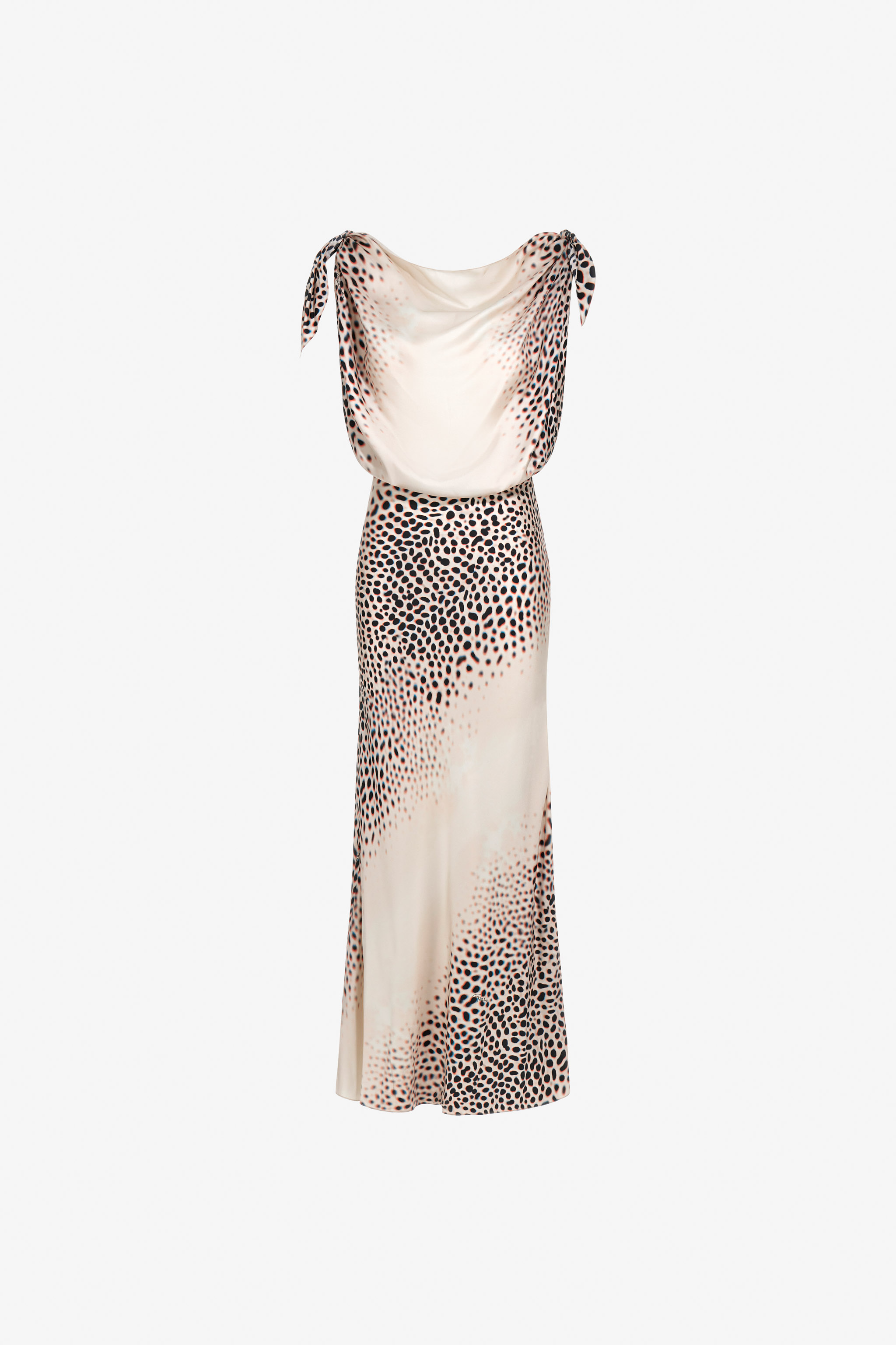 Roberto Cavalli Print Cowl-neck Tie Shoulder Silk Gown In Ivory
