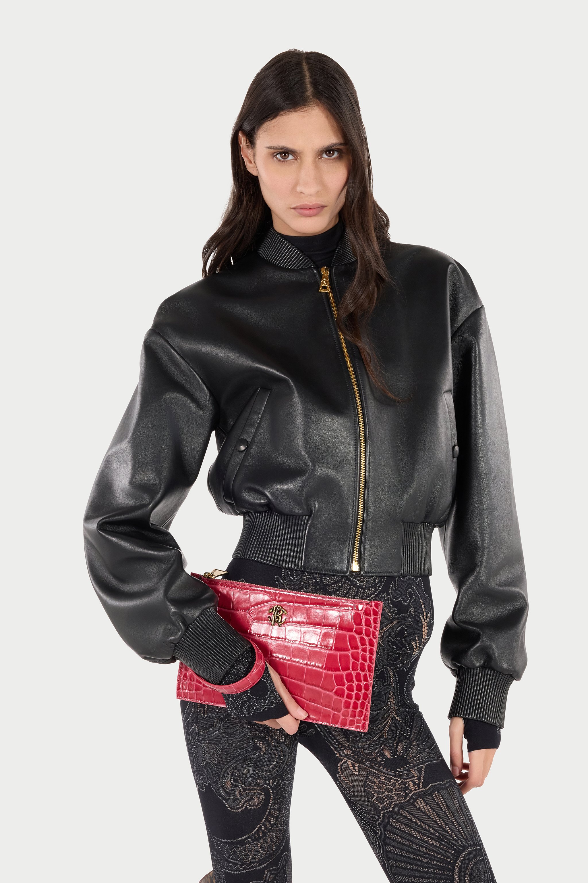 Roberto Cavalli Crocodile-effect Flat Clutch In Pink