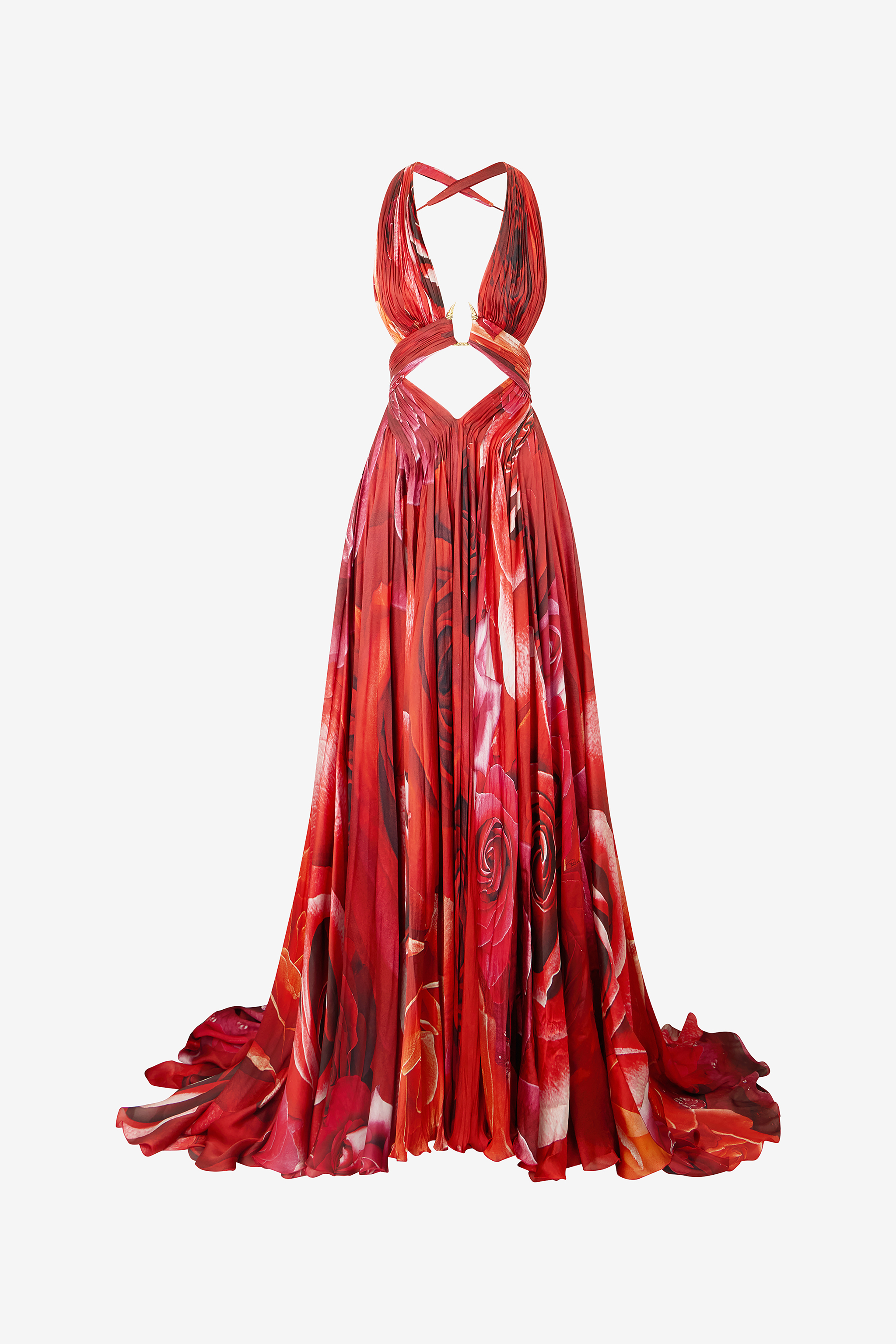 Roberto Cavalli Long Dress With Rose Print And Cut-out In Rosso