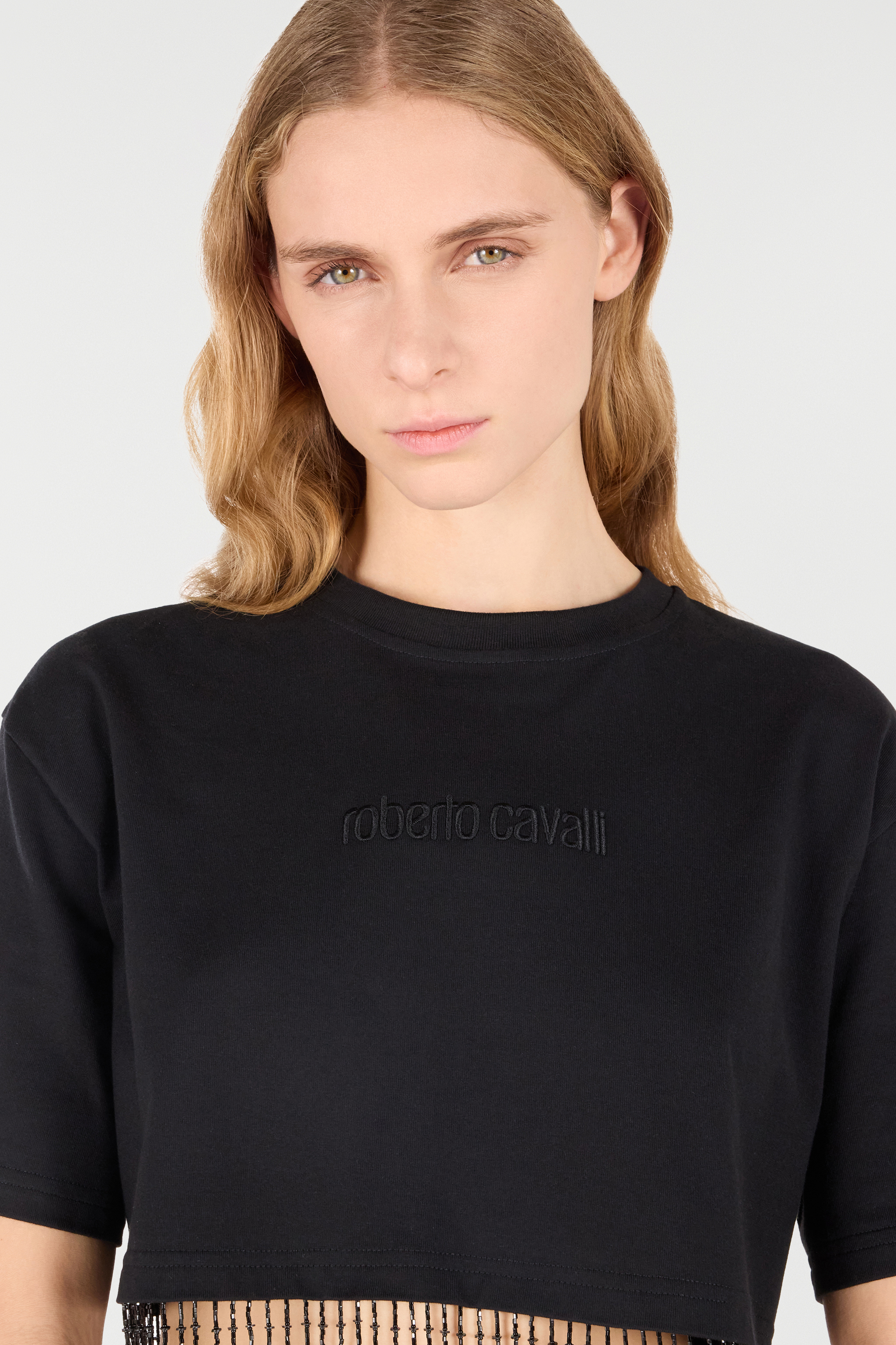 Roberto Cavalli Beaded-fringe Crop Top In Black