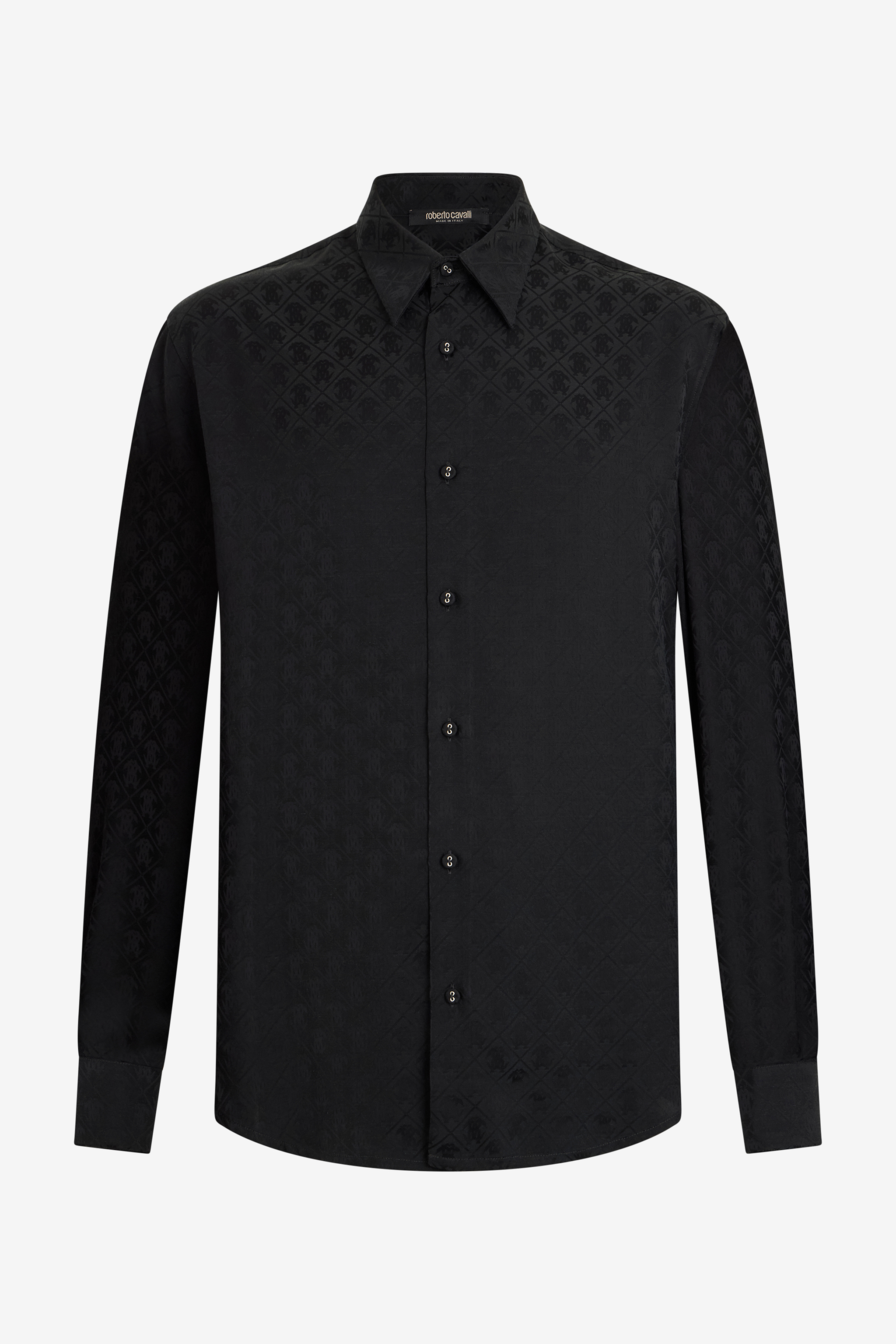 Roberto Cavalli Men's Black Shirt With All-Over Monogram Mirror Snake - Promo Sale Fw2025
