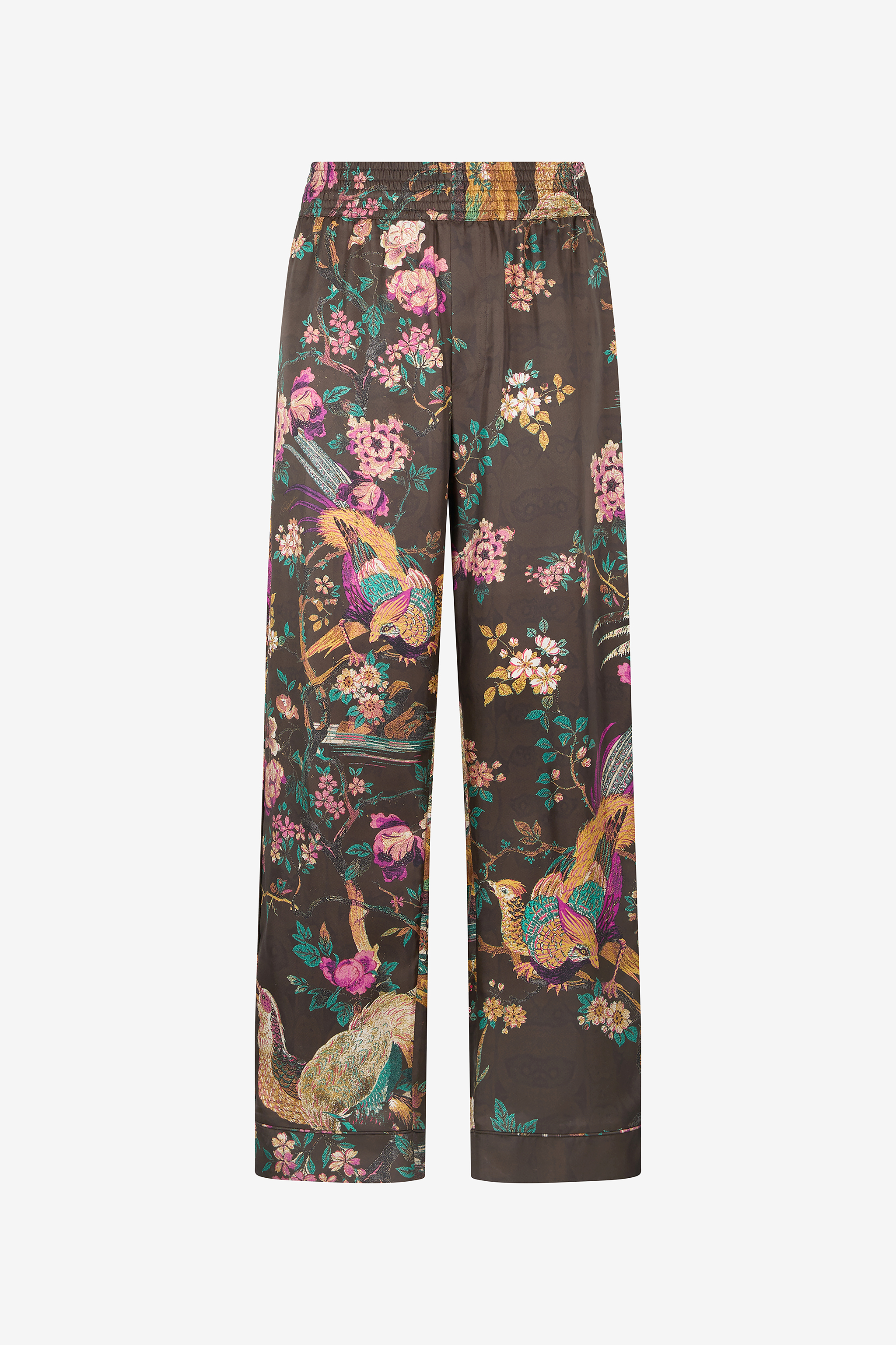 Roberto Cavalli Men's Brown Silk Pants With Oriental Bird Print - Promo Sale Fw2025
