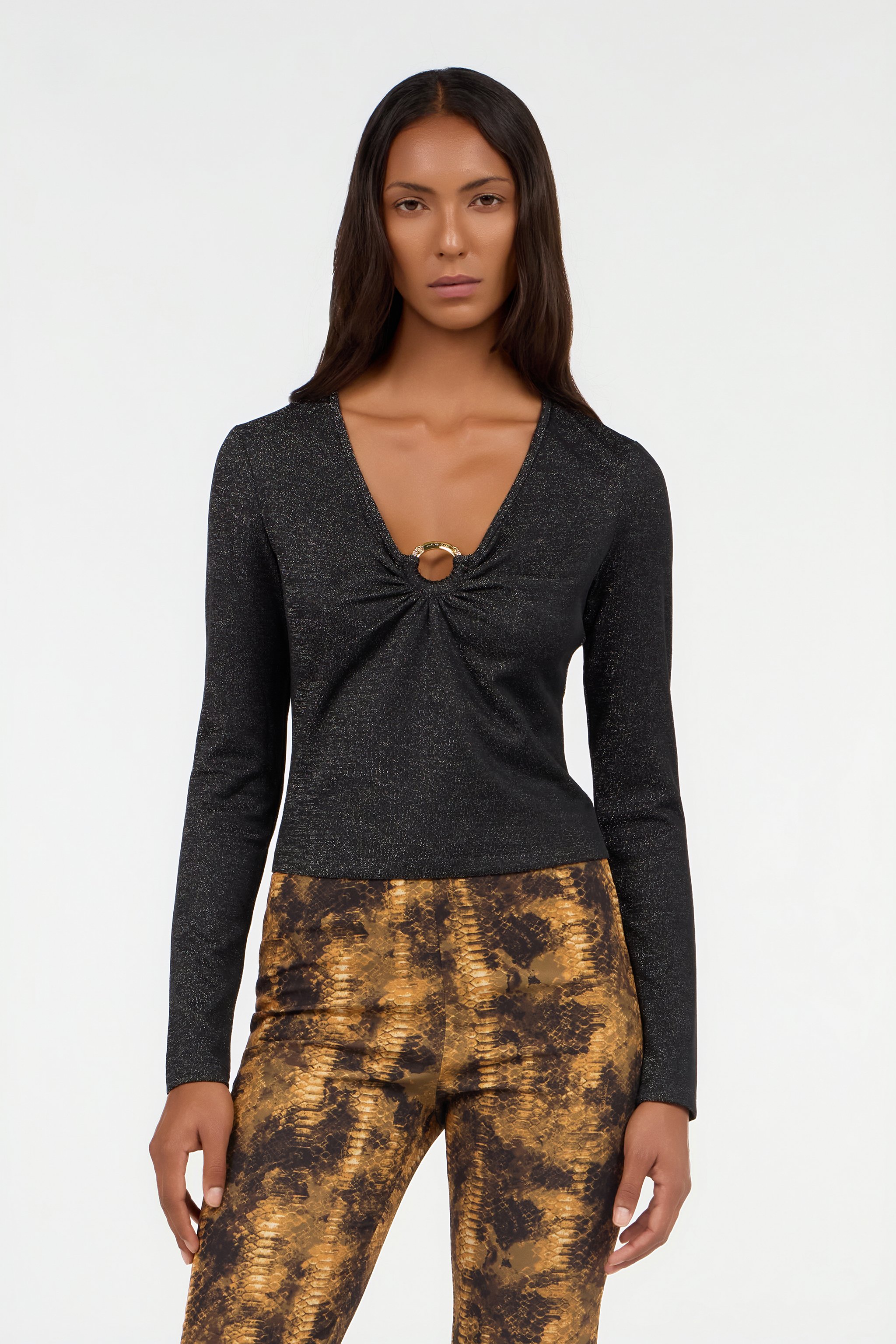 Roberto Cavalli Black Sweater With Glitter And Ring In Black