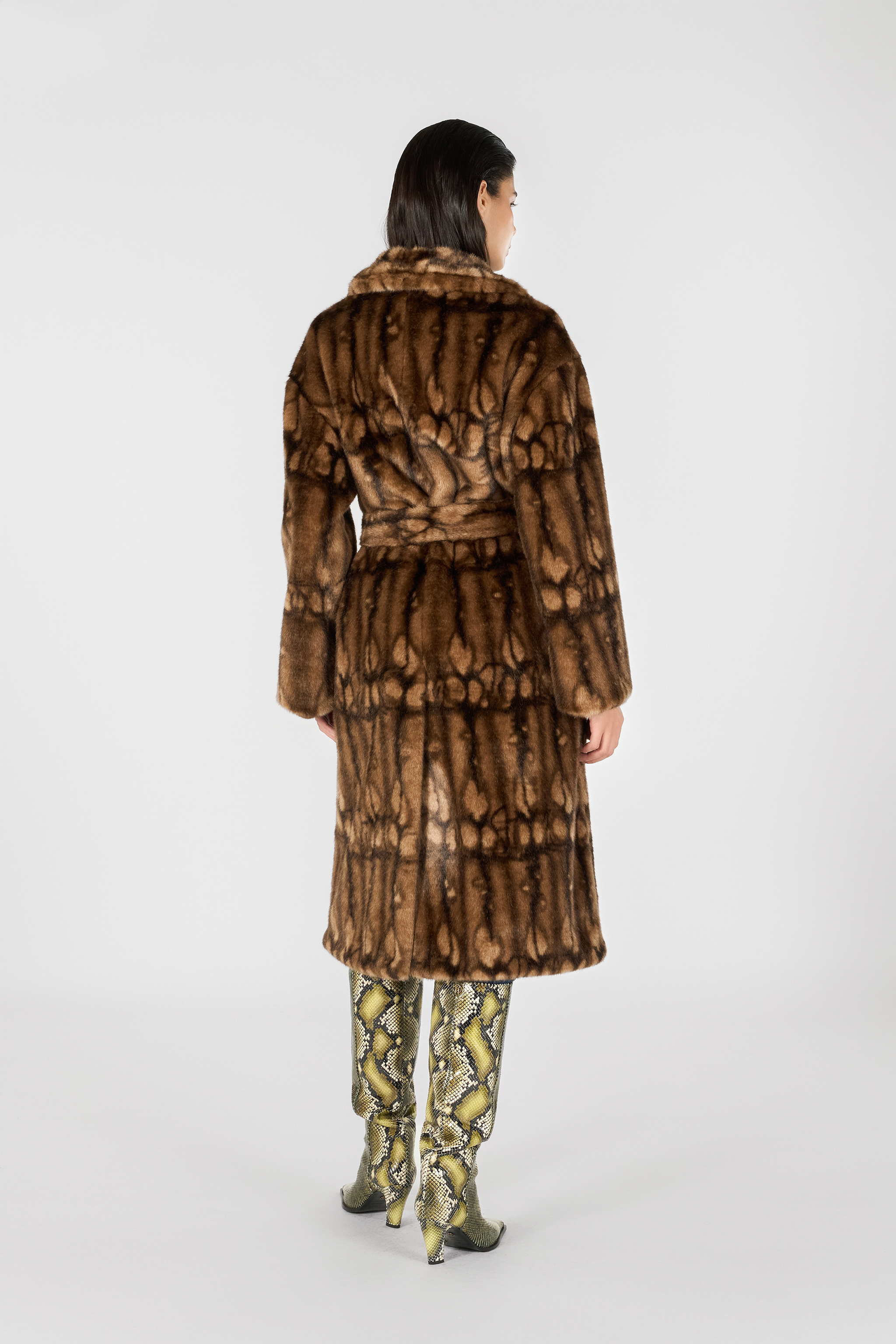 Roberto Cavalli Long Faux Fur Coat With High Collar In Brown