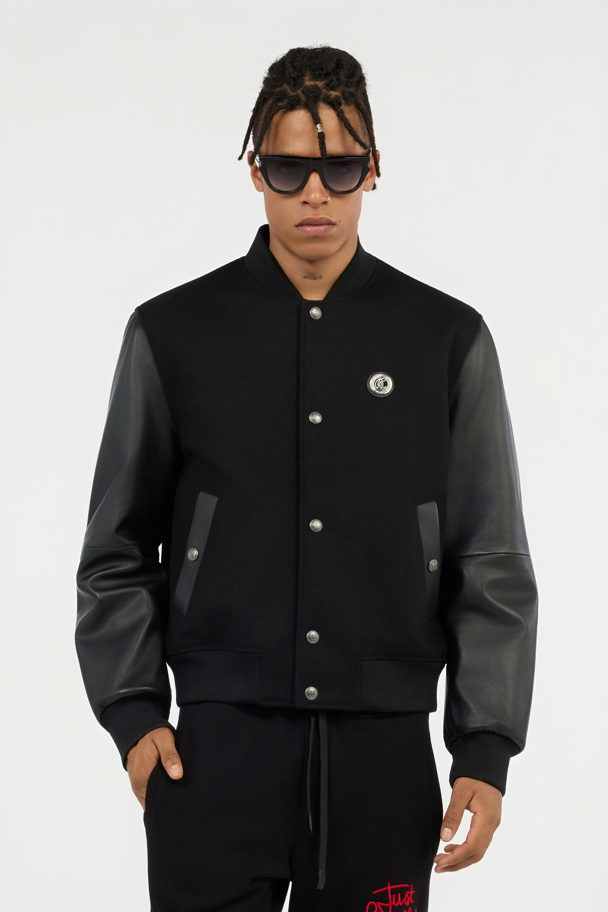 Black Bomber Jacket With Leather Sleeves