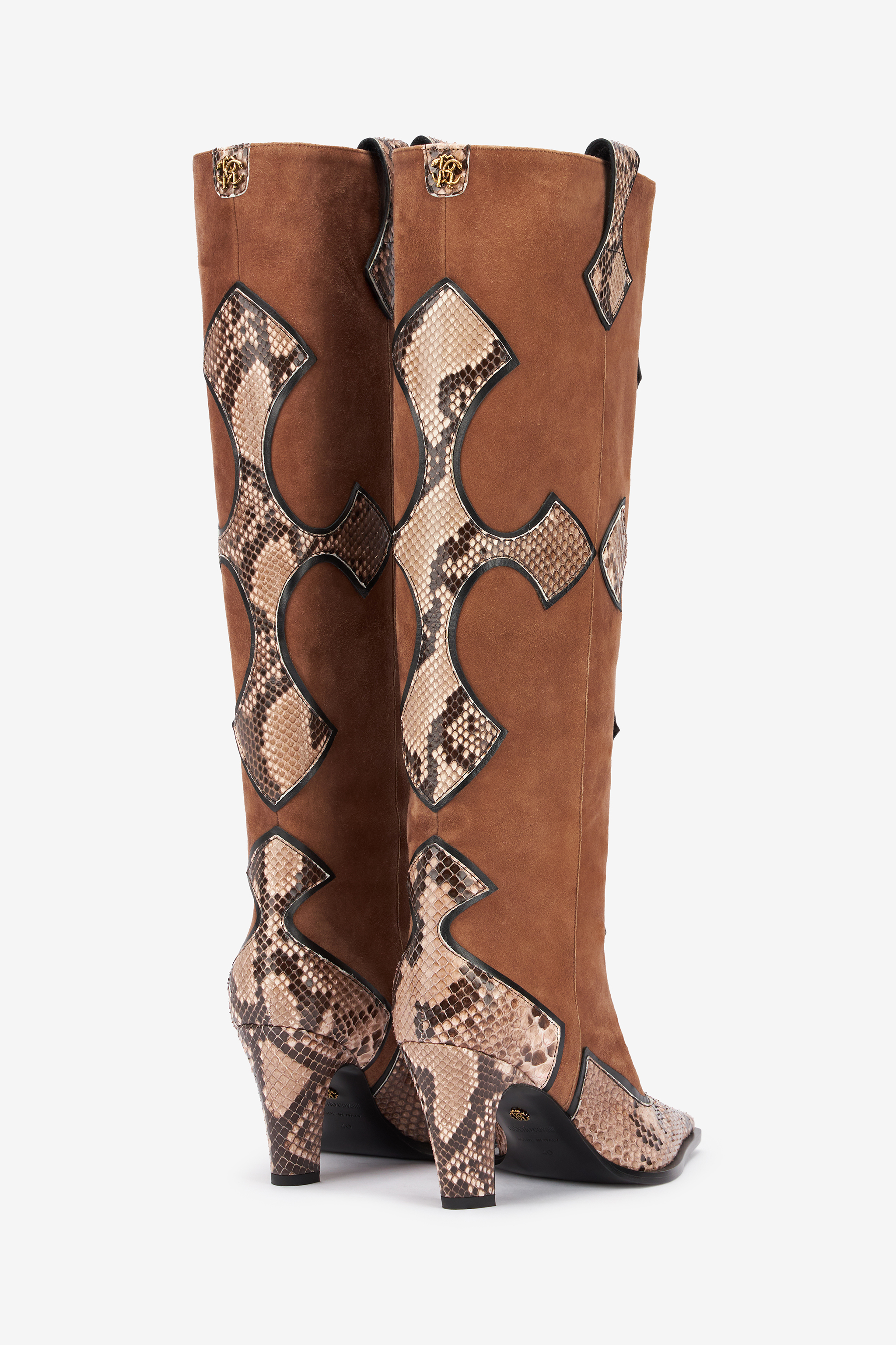 Roberto Cavalli Suede And Snake Boots In Brown