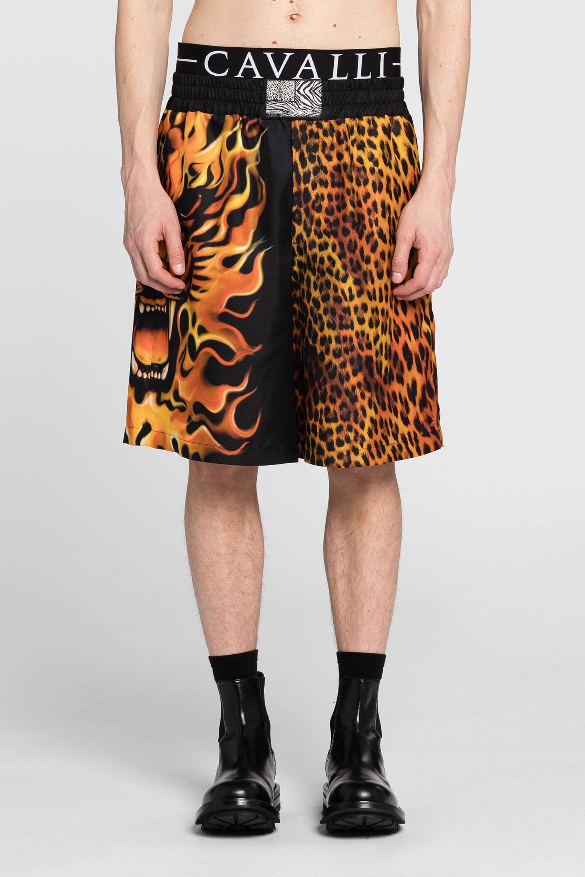Flame Lion-Print Silk Shorts