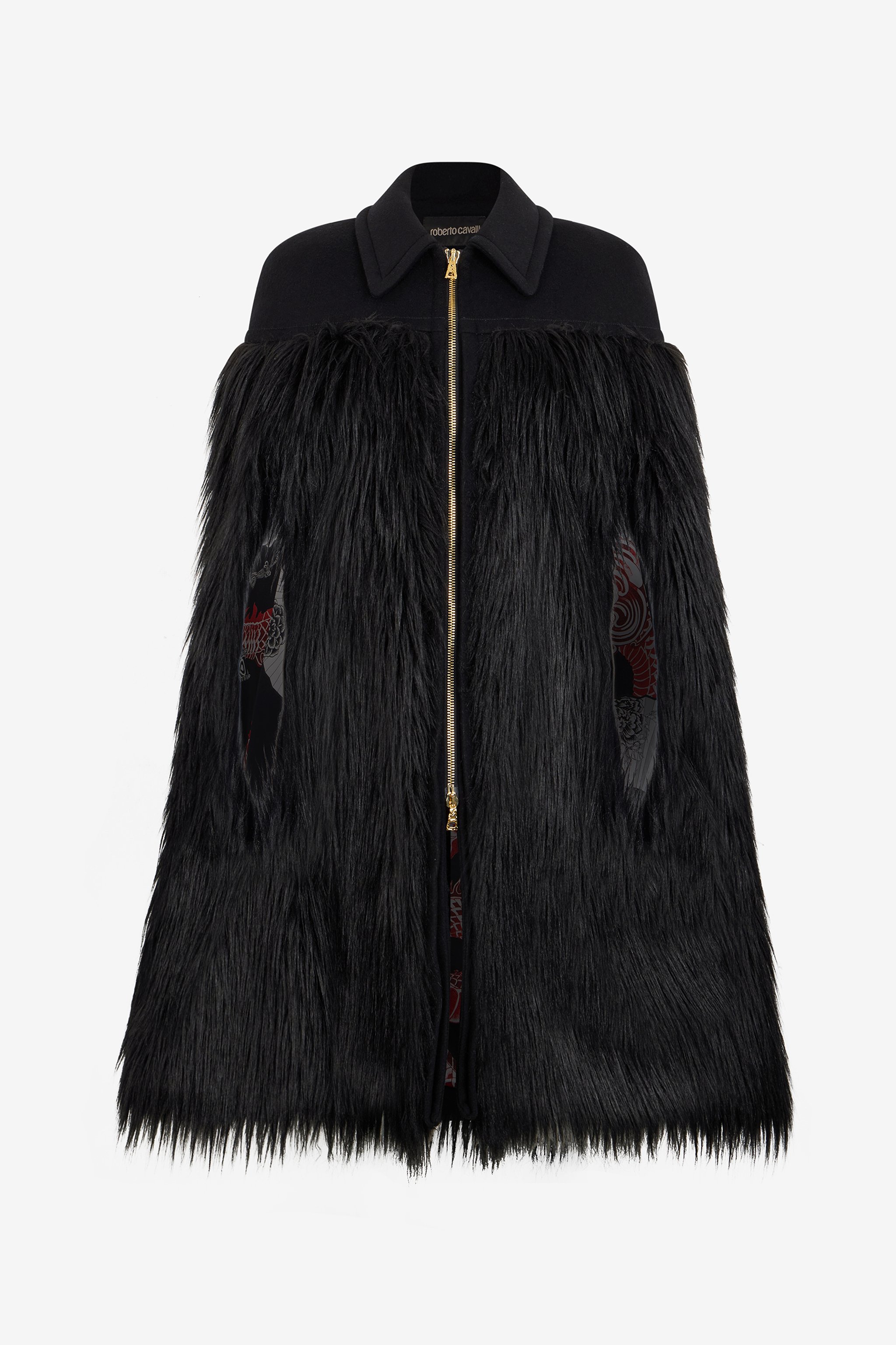 Roberto Cavalli Black Faux Fur Cape With Zip In Black