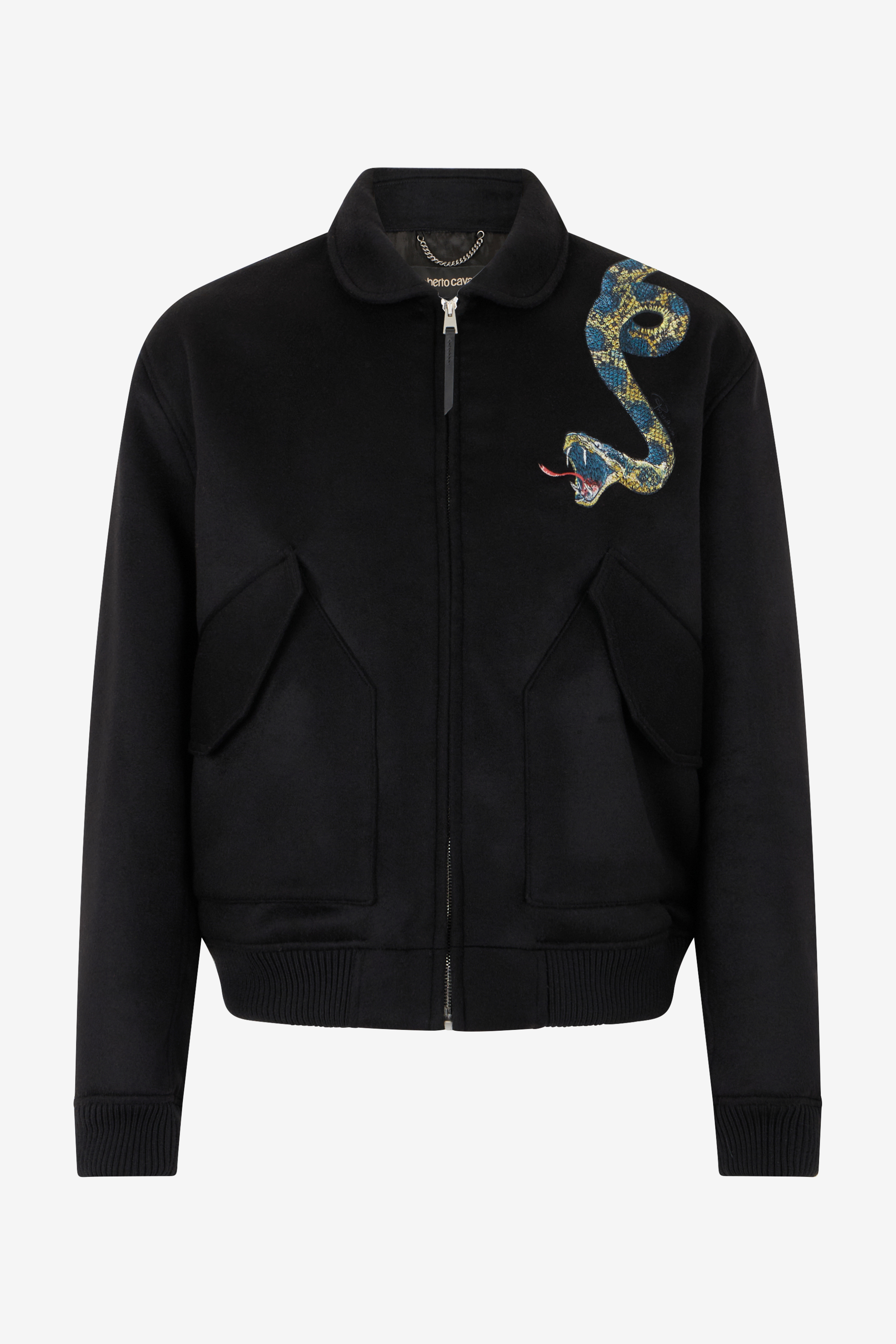 Roberto Cavalli Men's Black Bomber Jacket With Snake Embroidery - Coats & Jackets