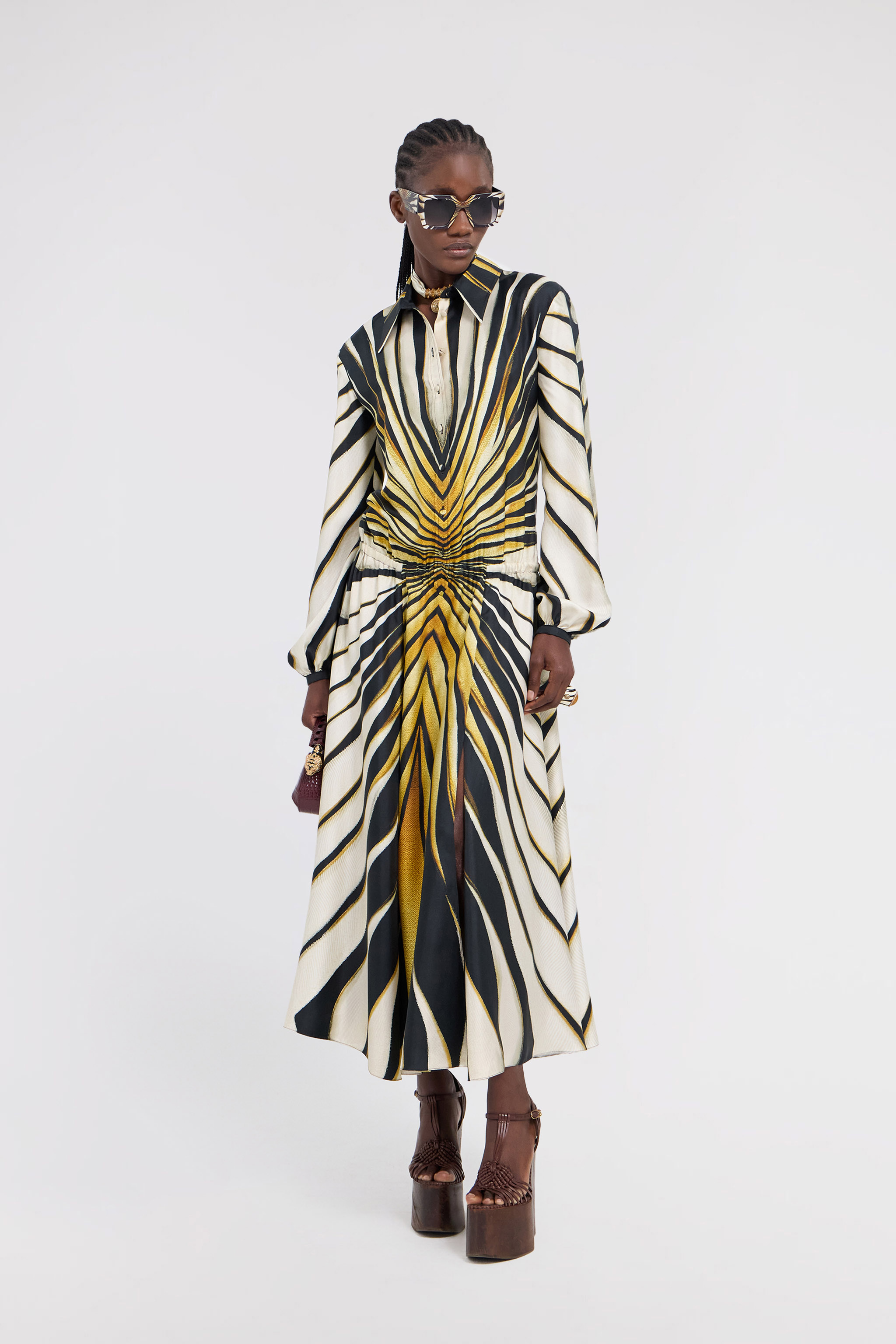 Roberto Cavalli Ray Of Gold Print Silk Shirt Dress In Gold