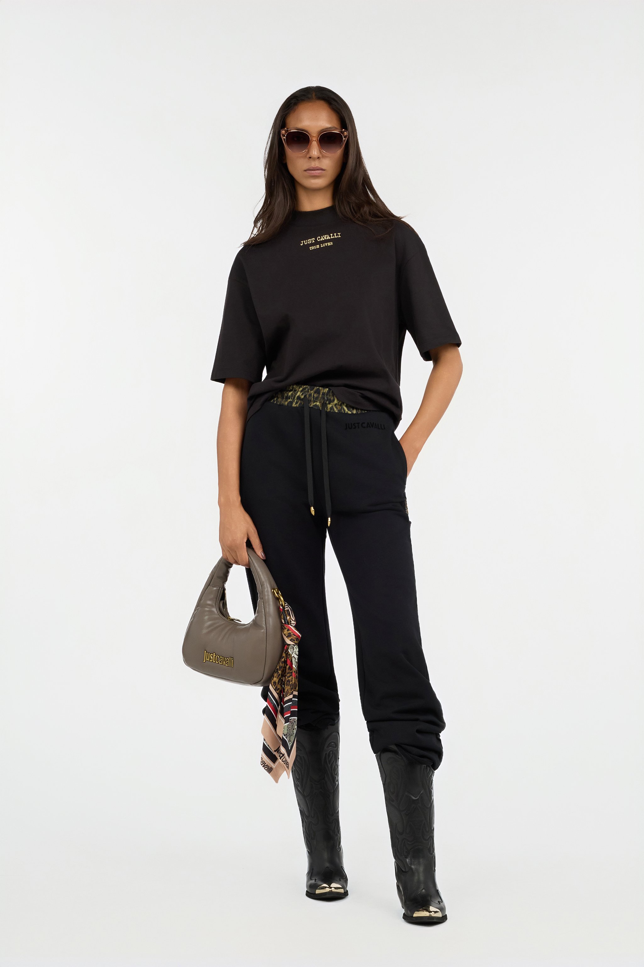 Black Flared Trousers With Leopard Print Waistband