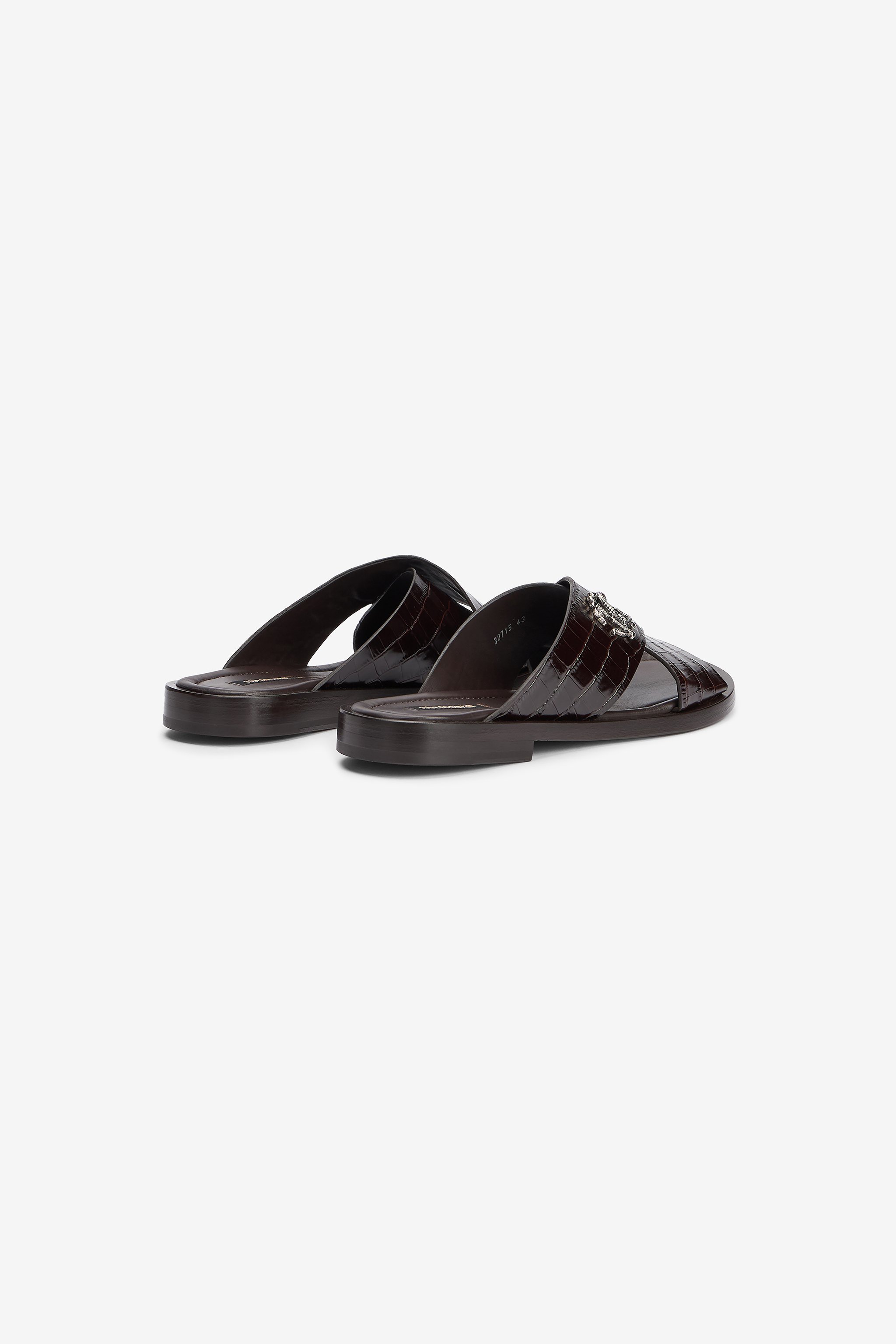 Dark Brown Crocodile-Effect Leather Slide Sandals