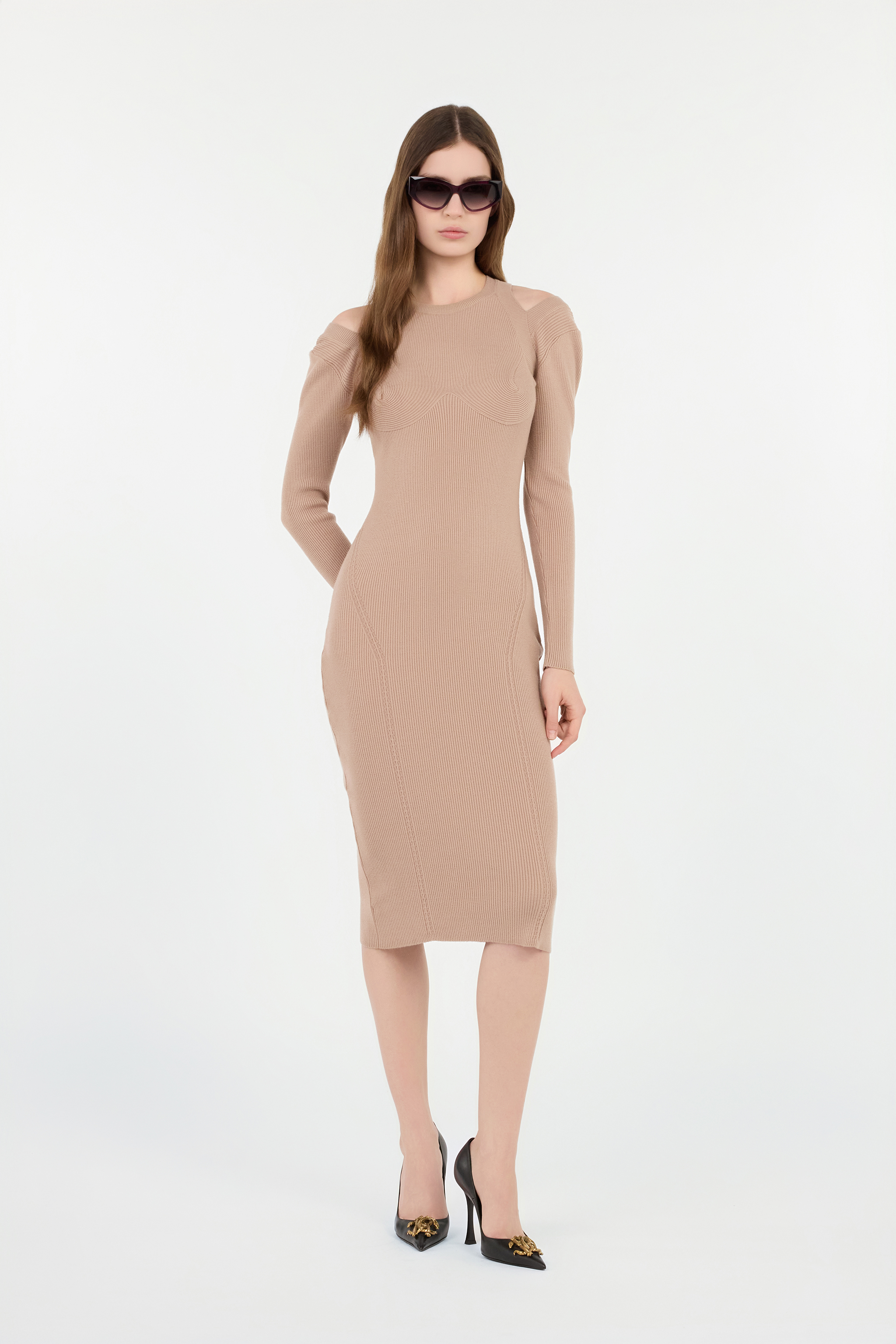 Roberto Cavalli Beige Cut-out Ribbed Midi Dress In Neutral