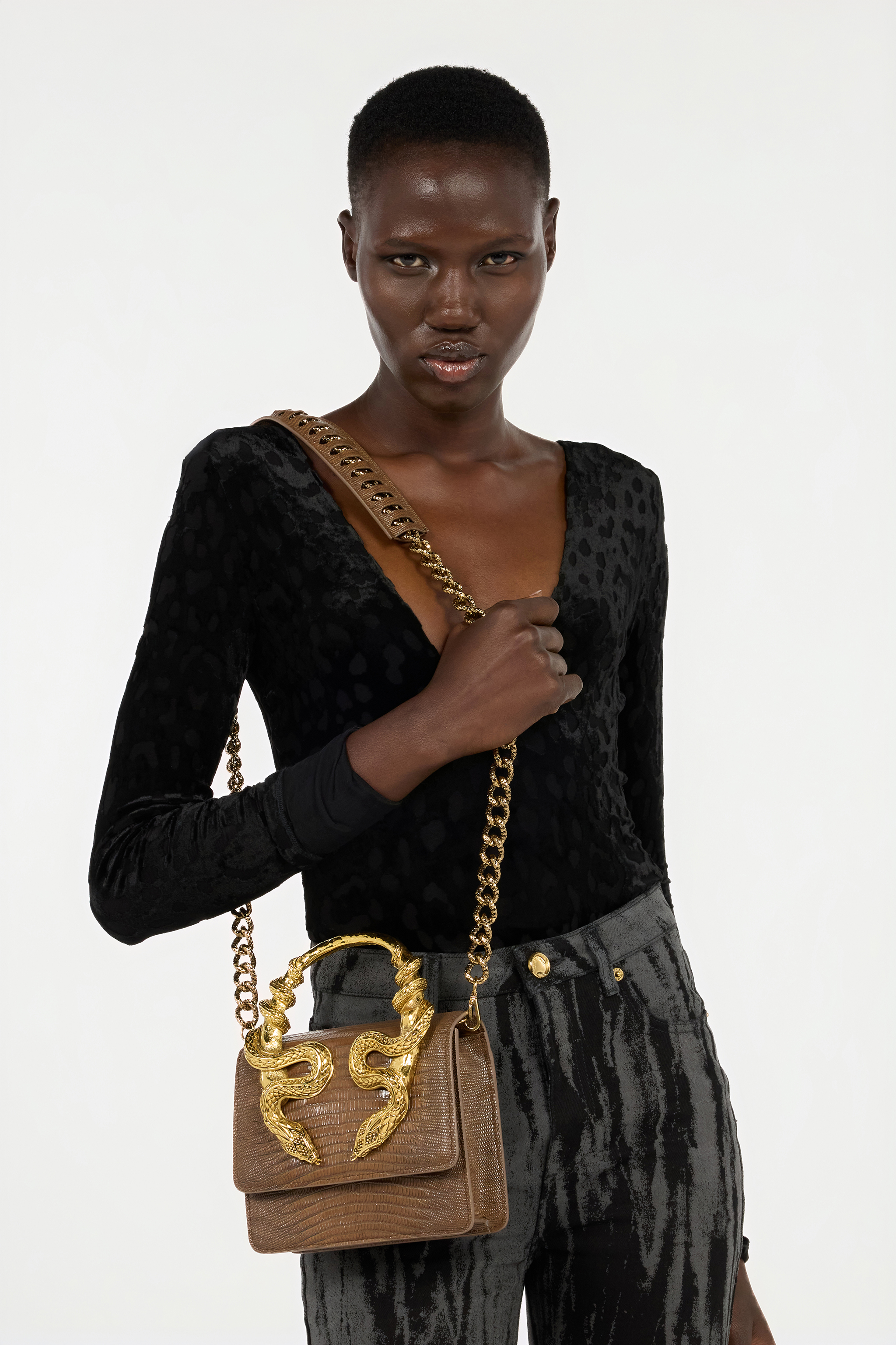 Roberto Cavalli Snake-embellished Leather Shoulder Bag In Brown