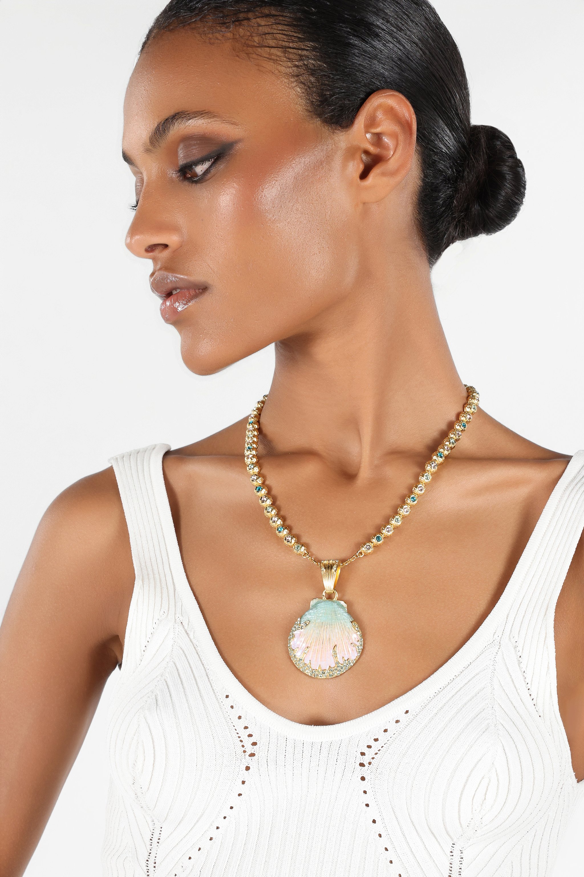 ROBERTO CAVALLI NECKLACE WITH SHELL PENDANT AND CRYSTALS