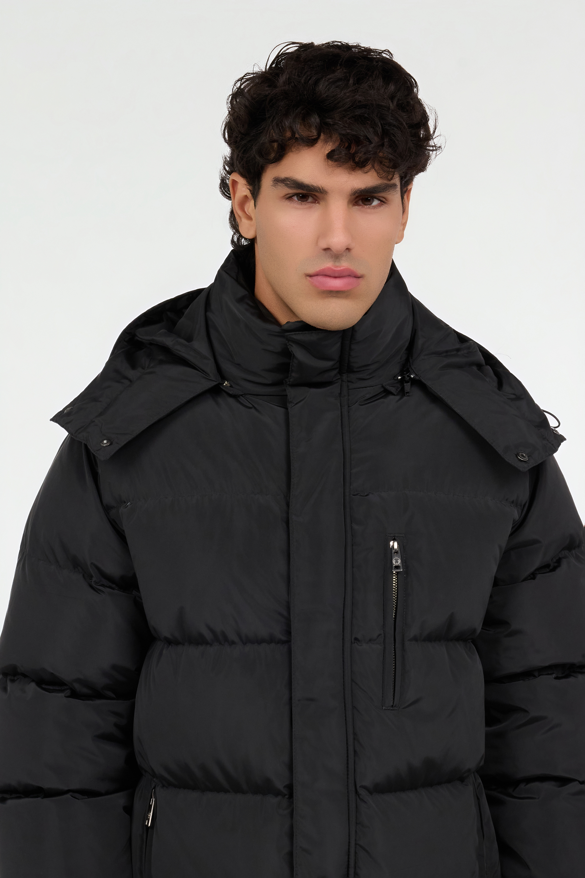 Long black down jacket with hood