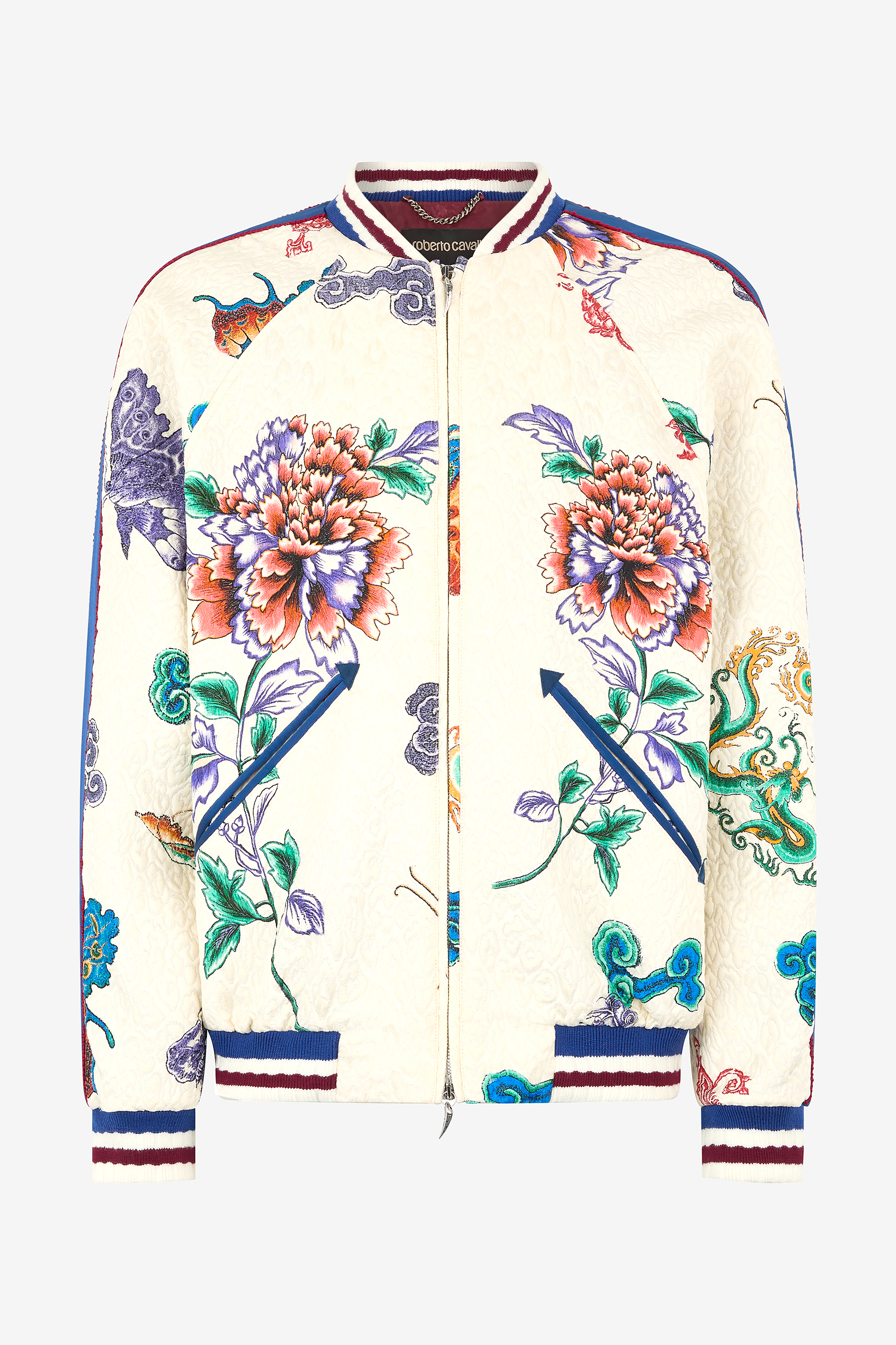 Roberto Cavalli Men's Ivory Bomber Jacket With Dragon, Flowers And Butterflies - Promo Sale Fw2025 Multicolor