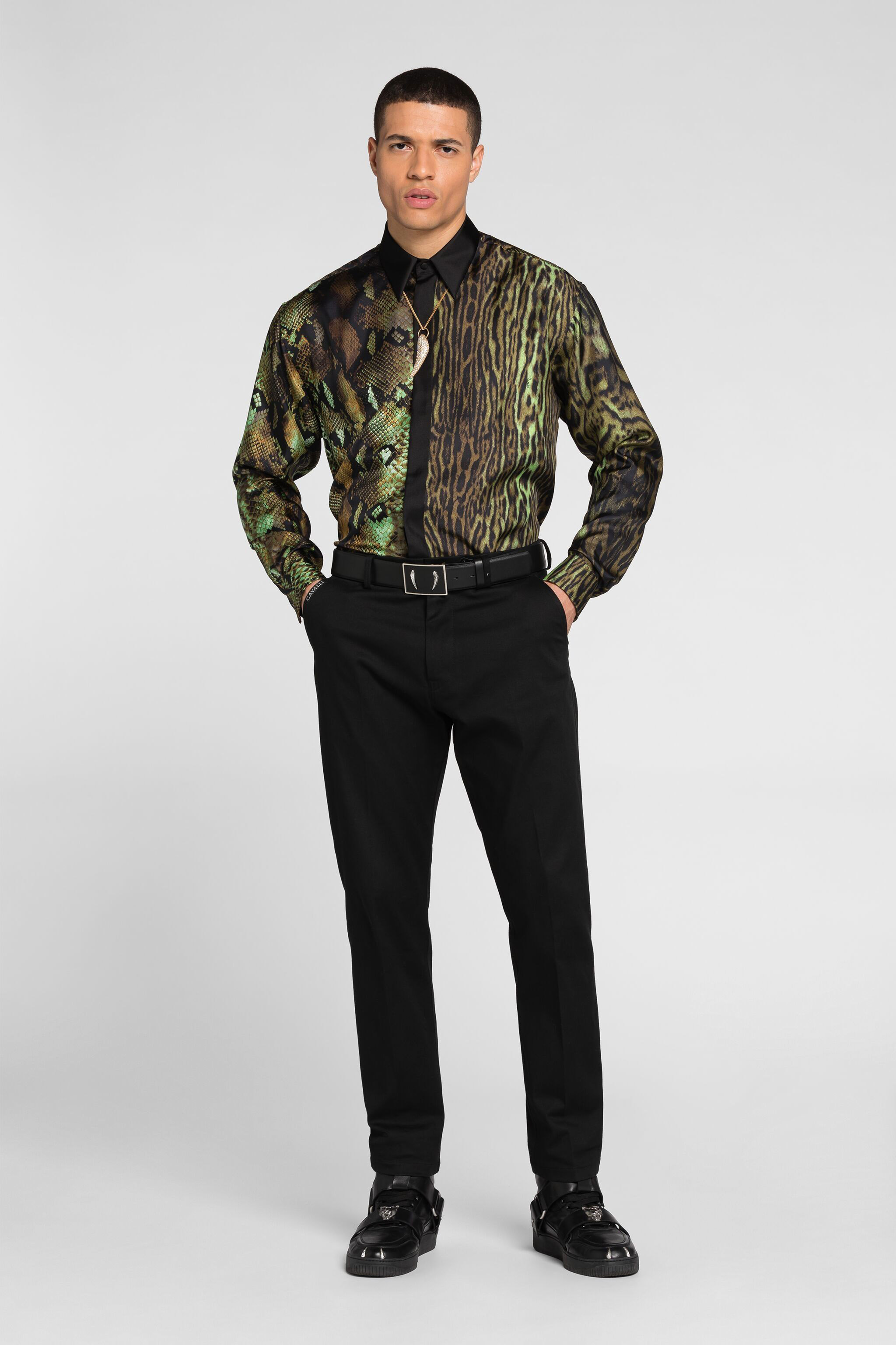 Roberto Cavalli Python And Ocelot-print Silk Shirt - Male Shirts Military 46 