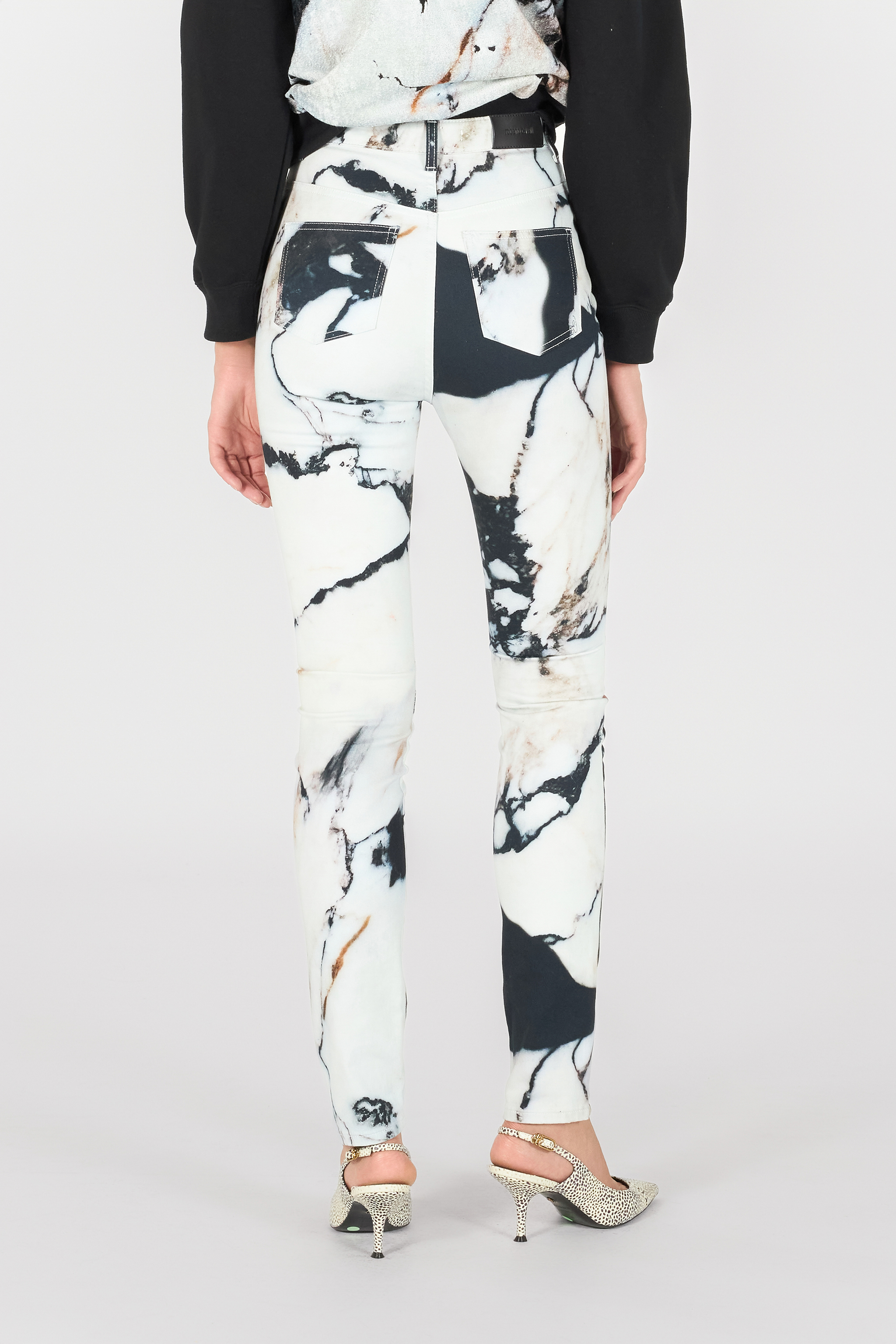 Roberto Cavalli Skinny Trousers With Marble Print In Black/white