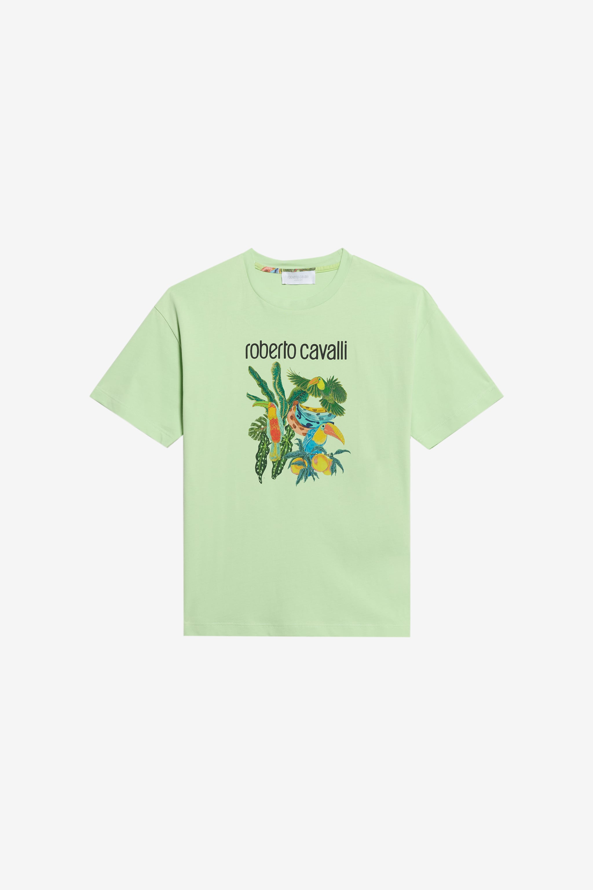 Roberto Cavalli Light Green T-Shirt with Tropical Print