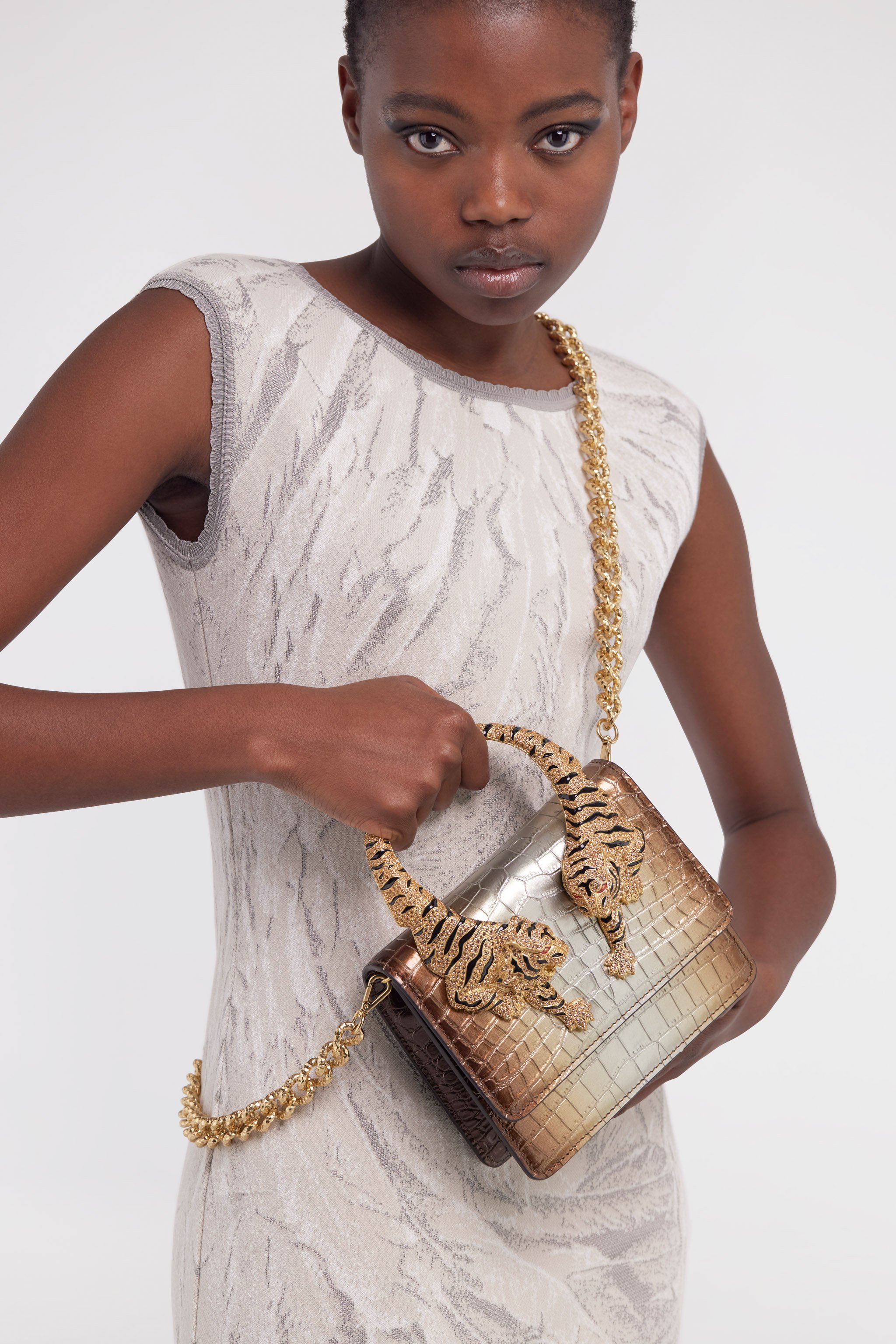 ROBERTO CAVALLI MEDIUM ROAR SHOULDER BAG WITH JEWEL TIGERS 