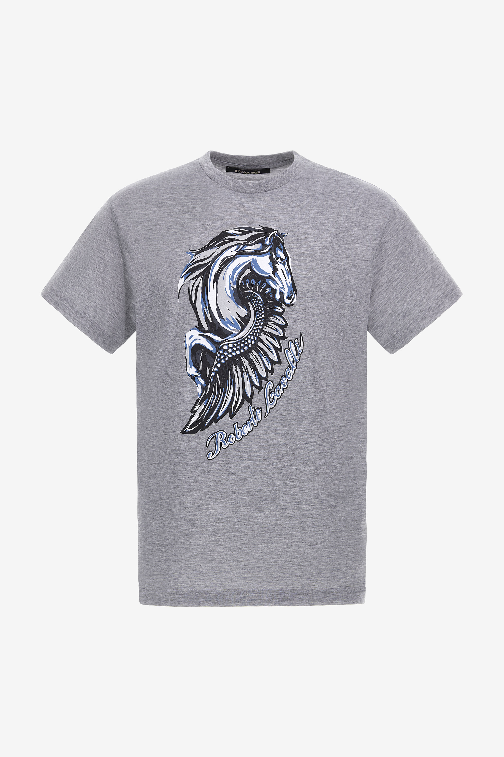 Shop Roberto Cavalli T-shirt With Horse Logo And Print In Gray
