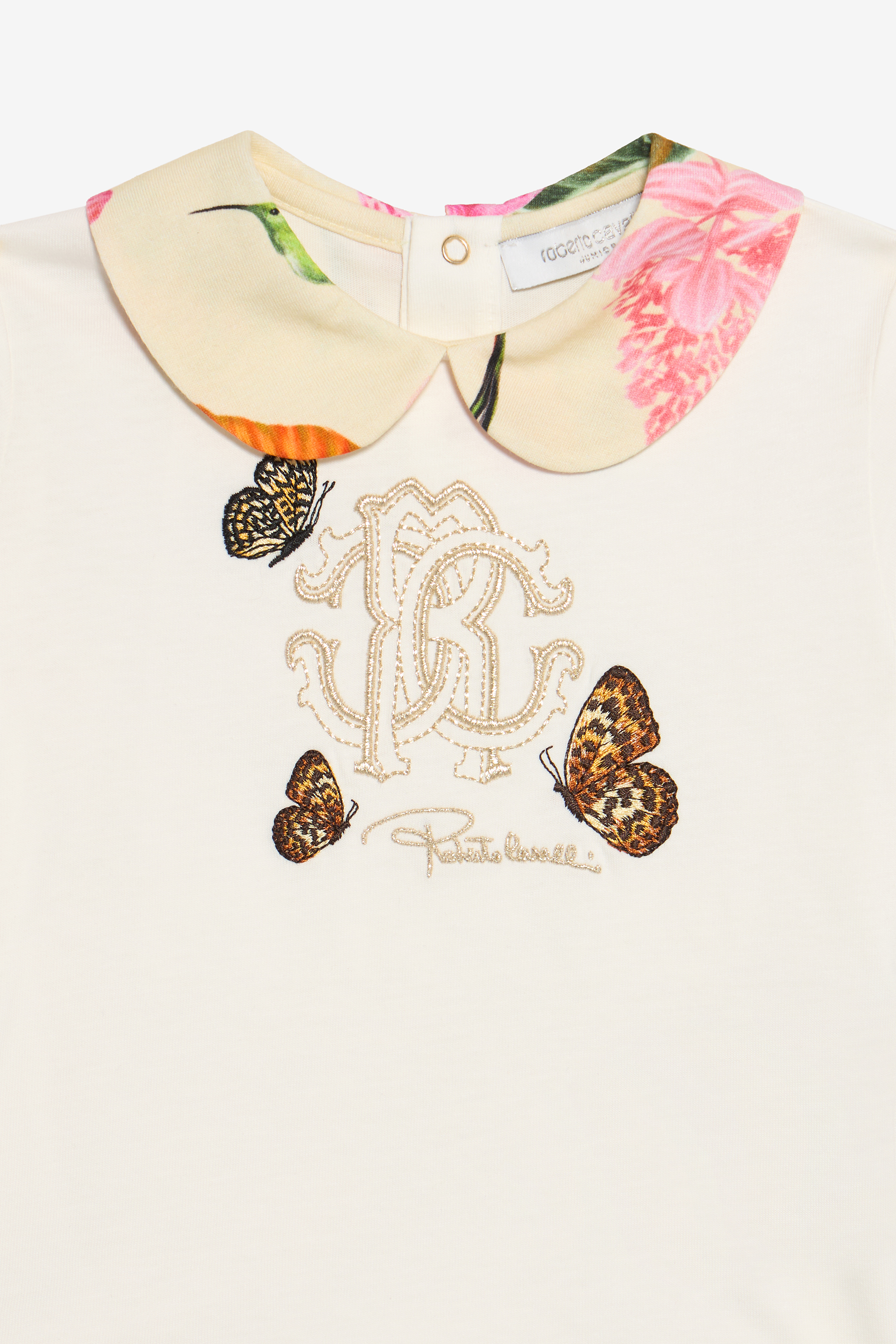 Roberto Cavalli Milk White T-shirt With Rc Monogram And Butterflies In White