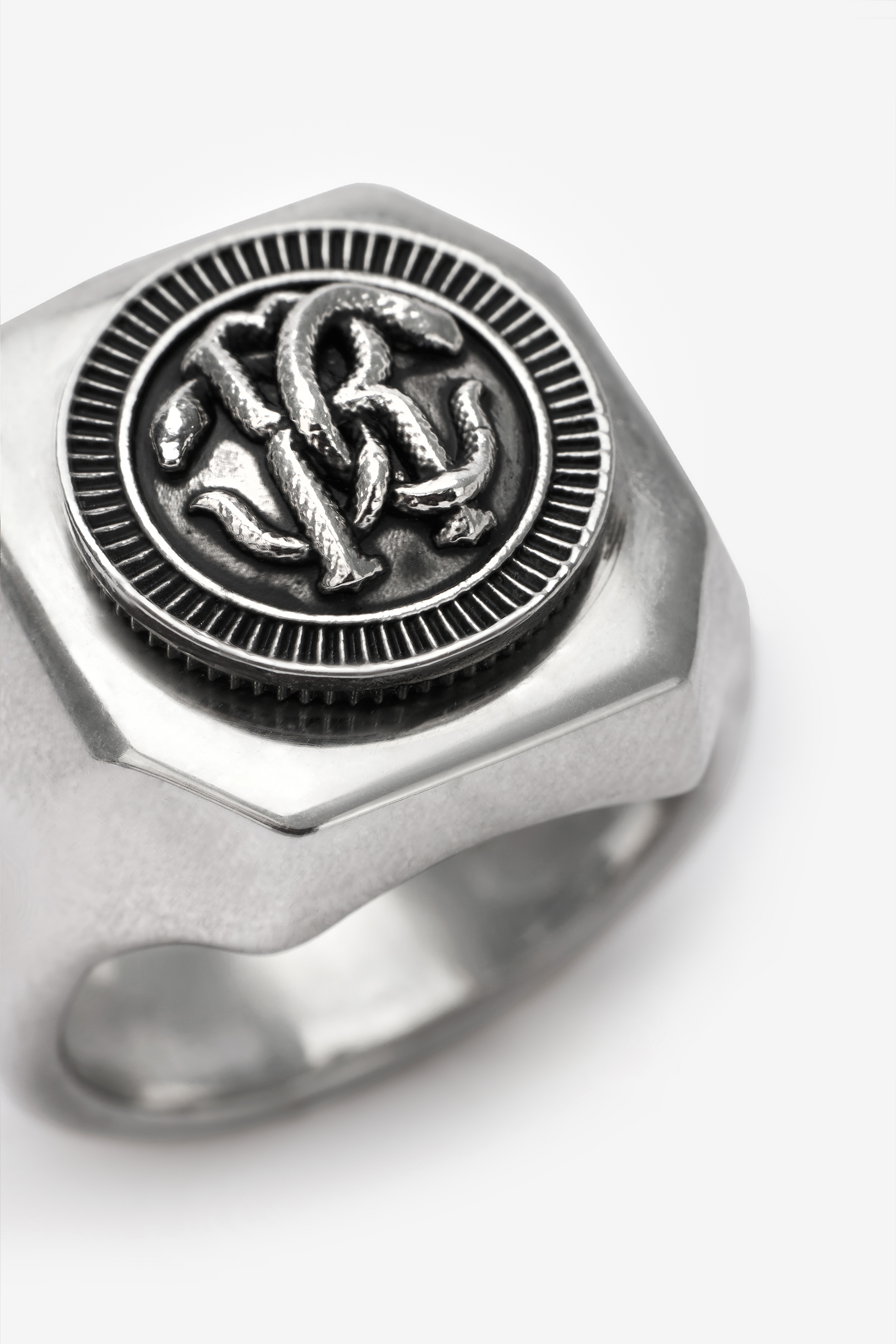 Roberto Cavalli Ring With Monogram Mirror Snake In Silver