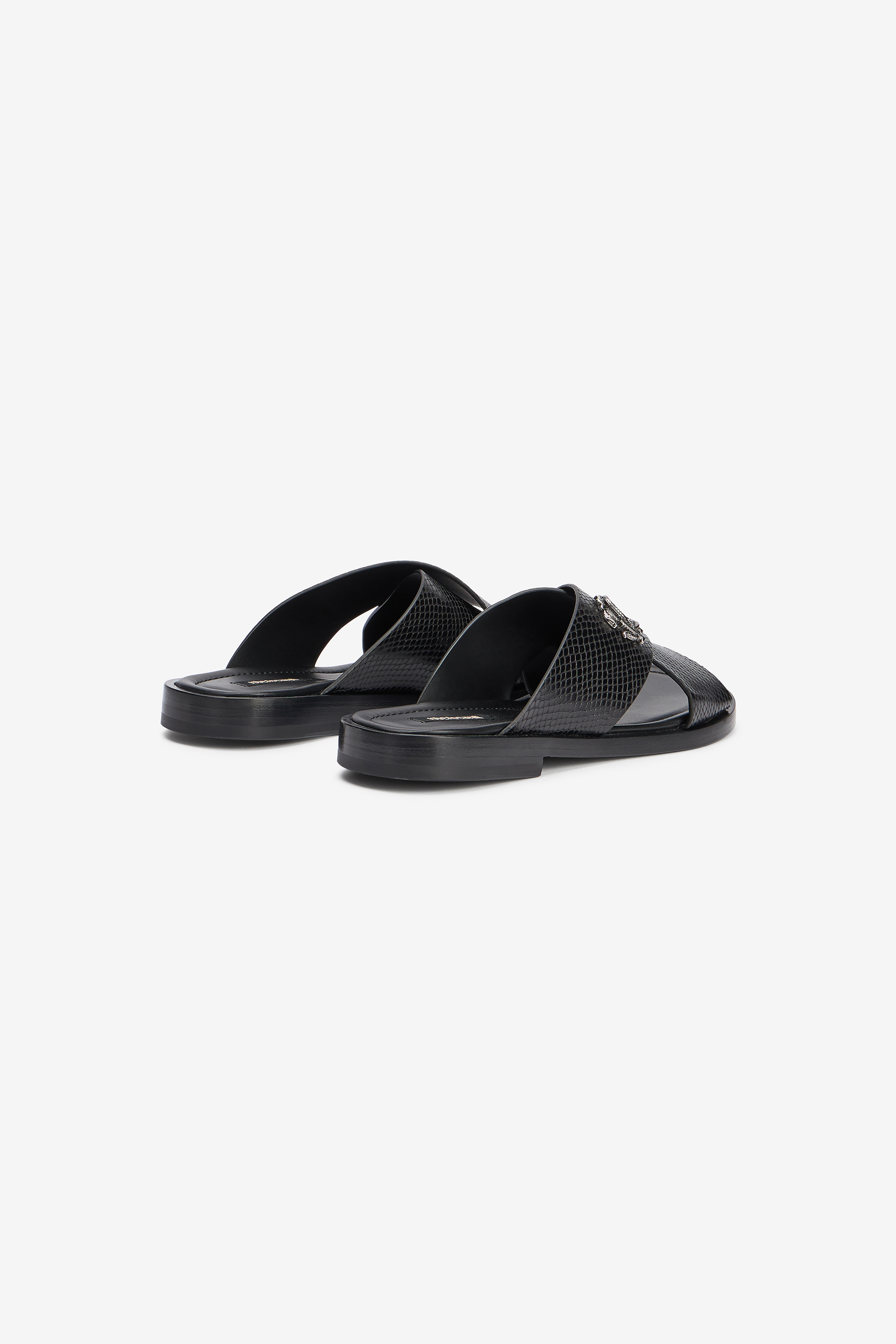 Black Slide Sandals Snake-Effect Leather