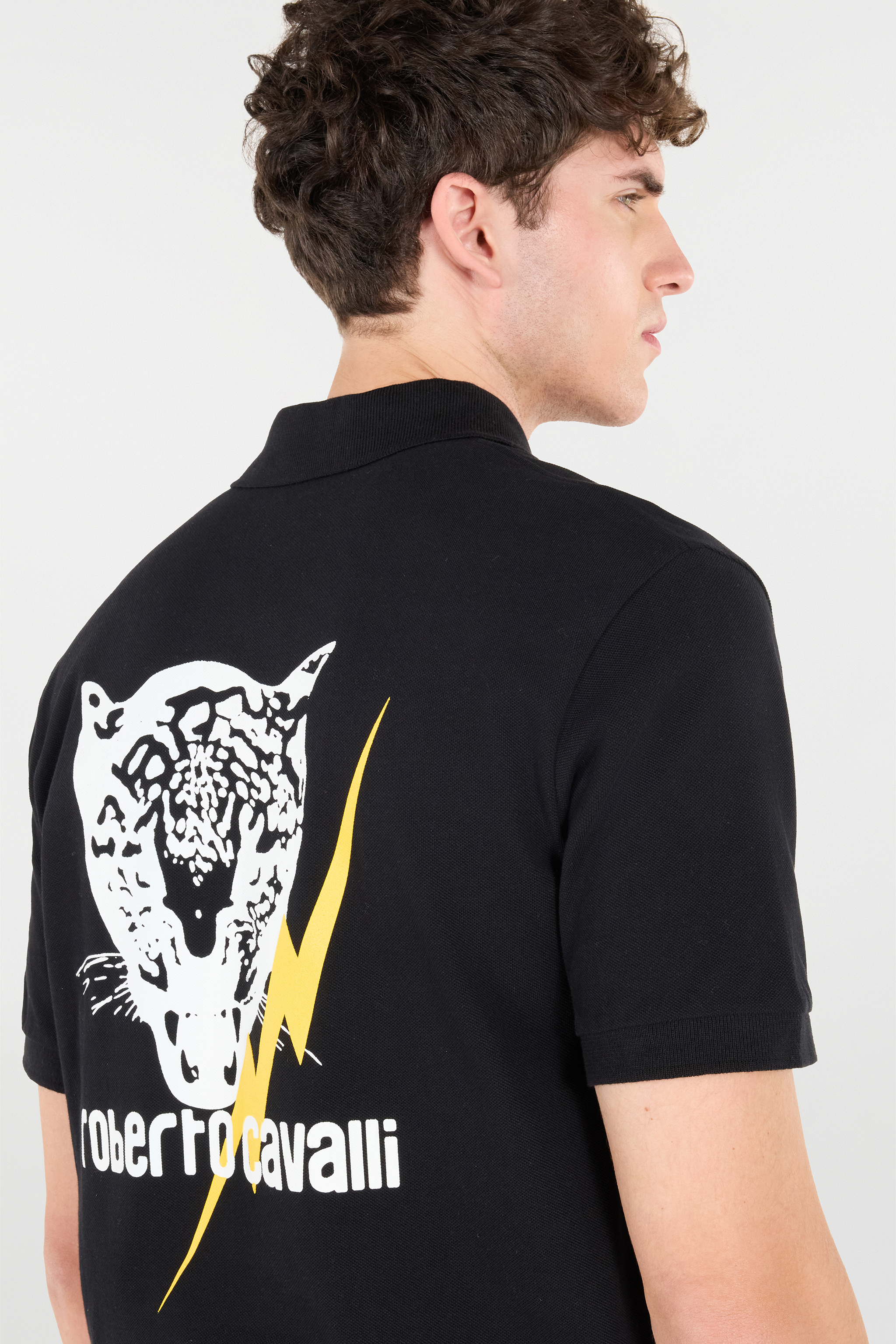 Roberto Cavalli Polo Shirt With Print And Logo In Black