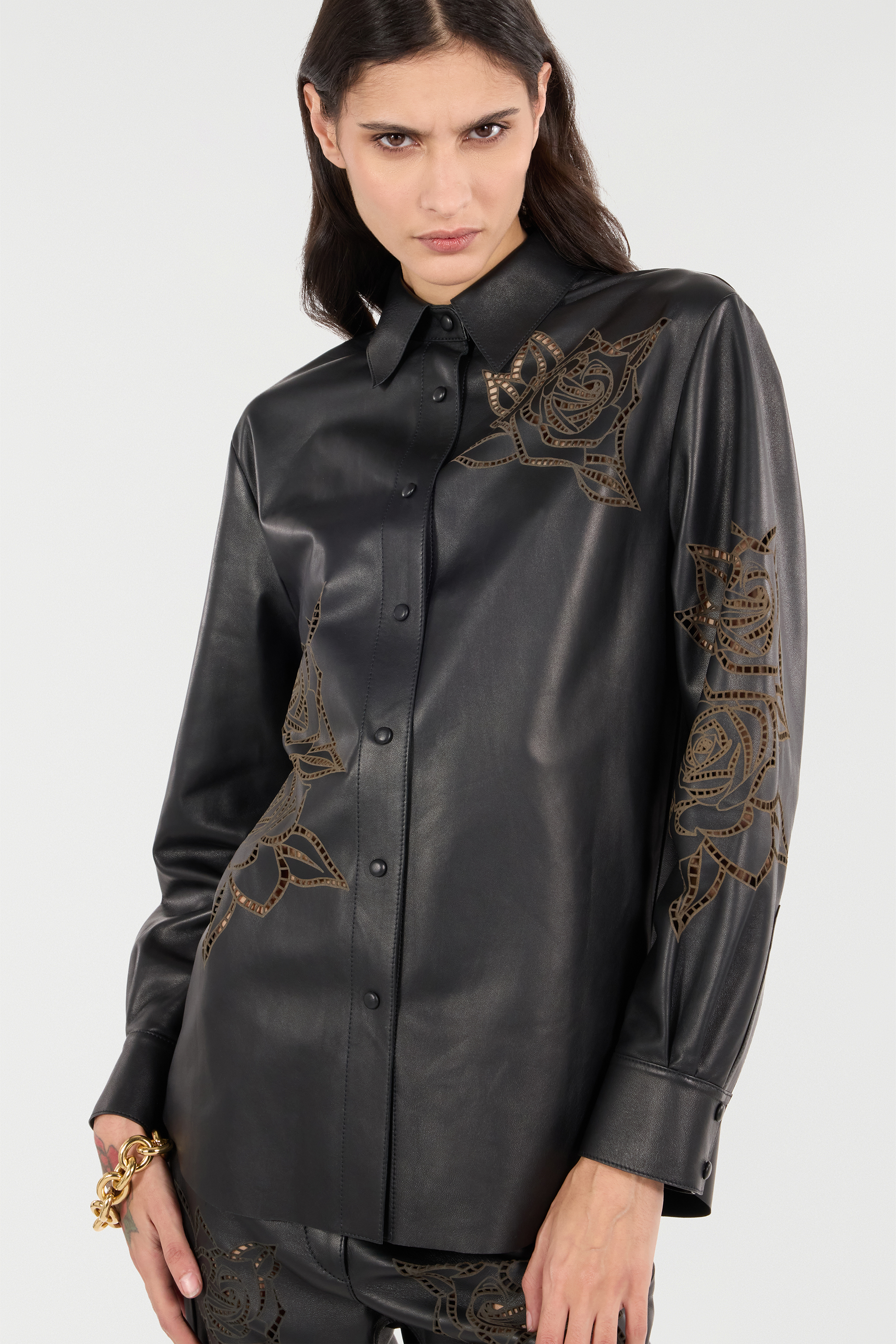 Roberto Cavalli Leather Shirt With Perforated Roses In Black