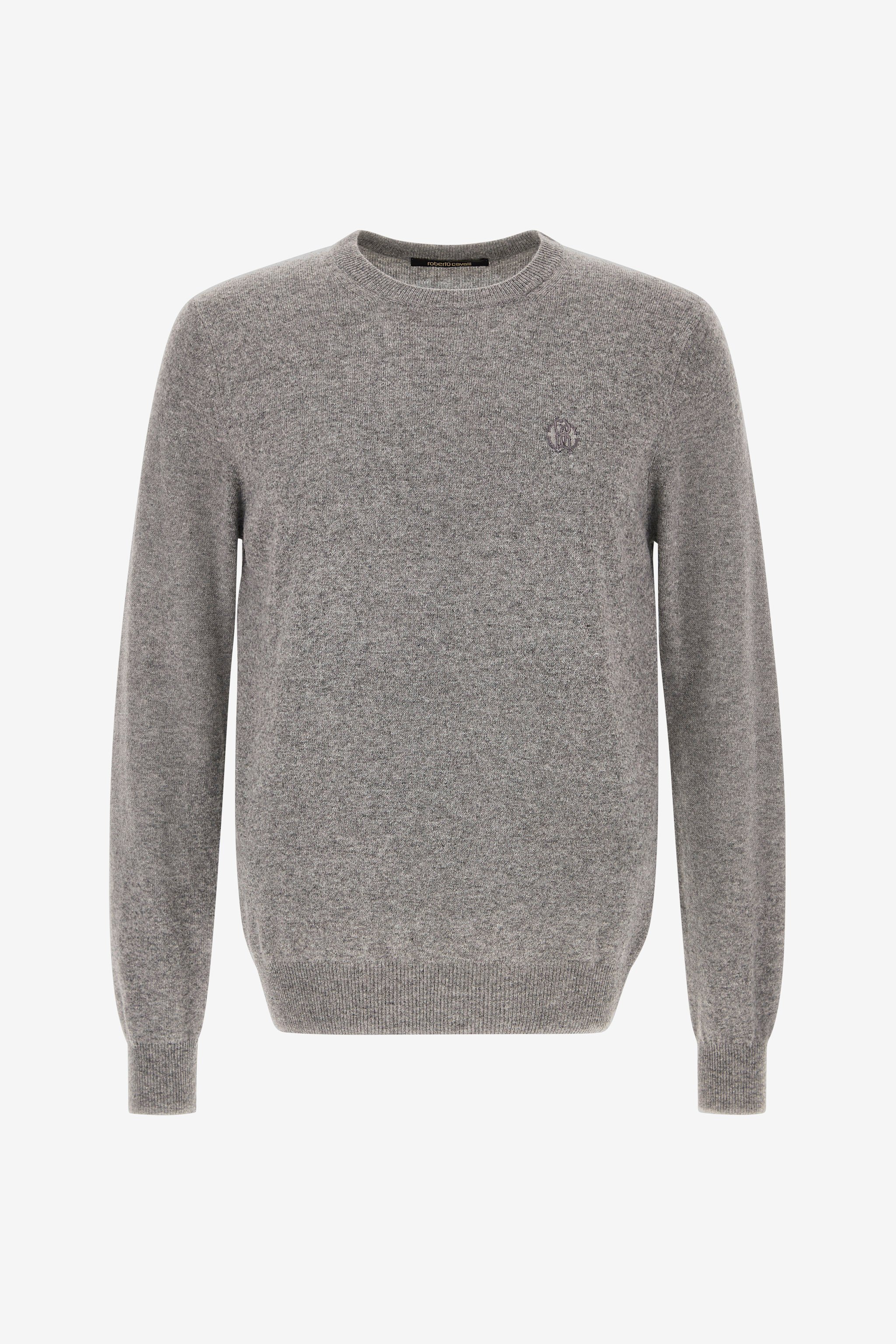 Roberto Cavalli Wool Sweater With Monogram Mirror Snake In Gray