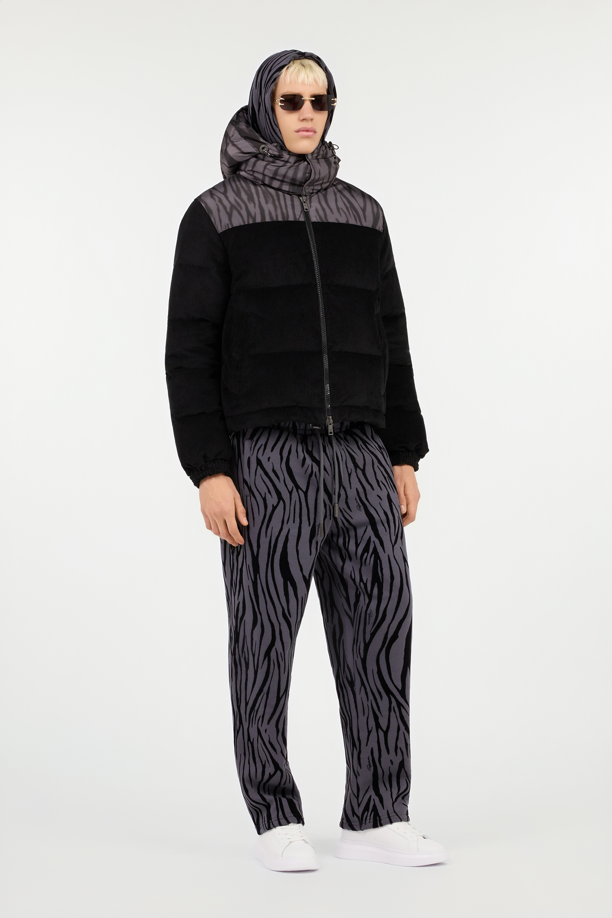 Black Corduroy Down Jacket With Zebra Print