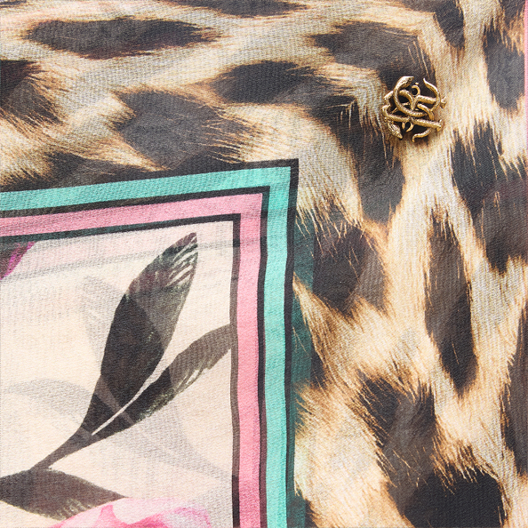 Roberto Cavalli Scarf With Floral And Jaguar Skin Print In Multicolor