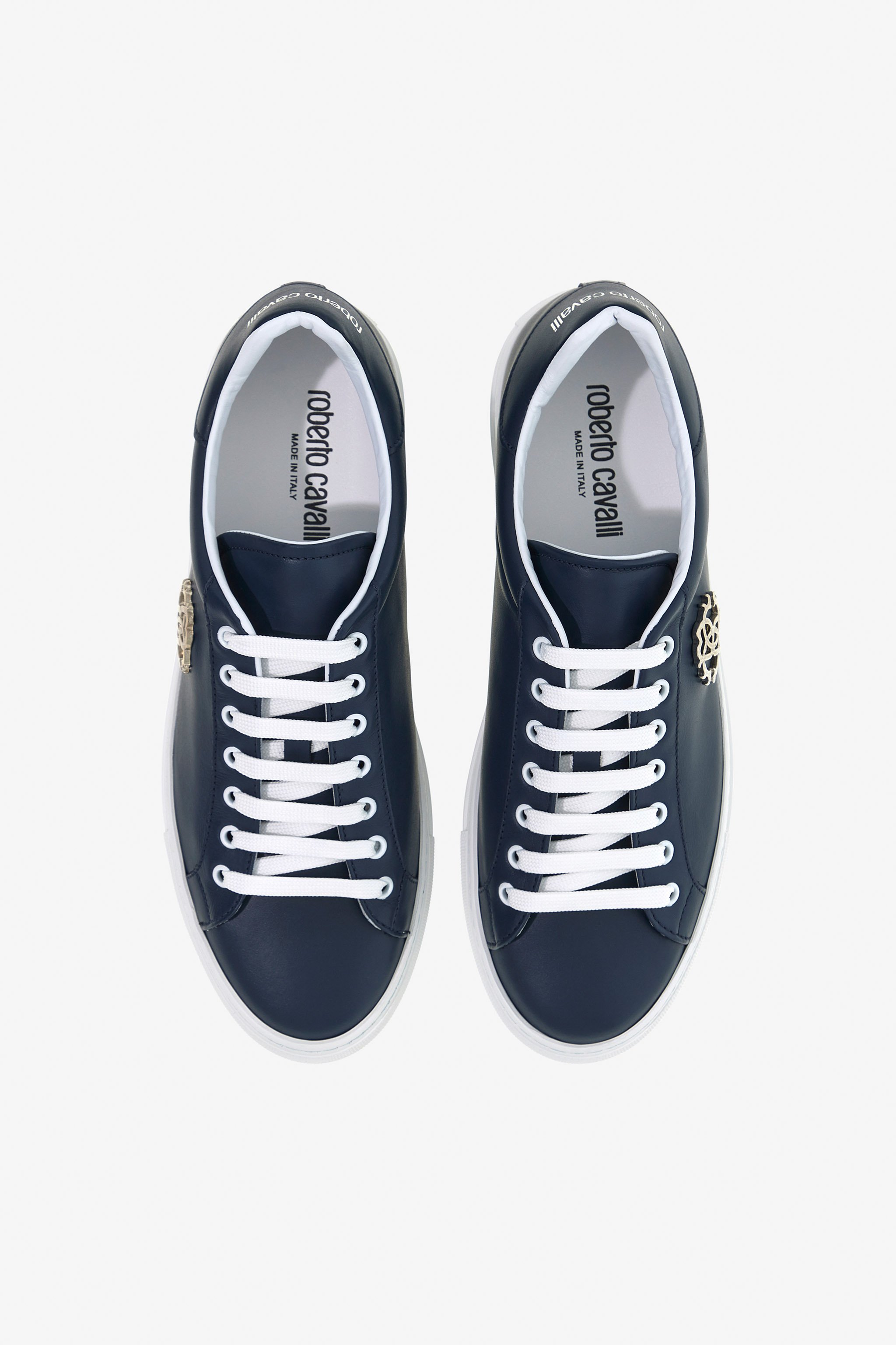 Roberto Cavalli Leather Sneakers With Logo In Dark Blue