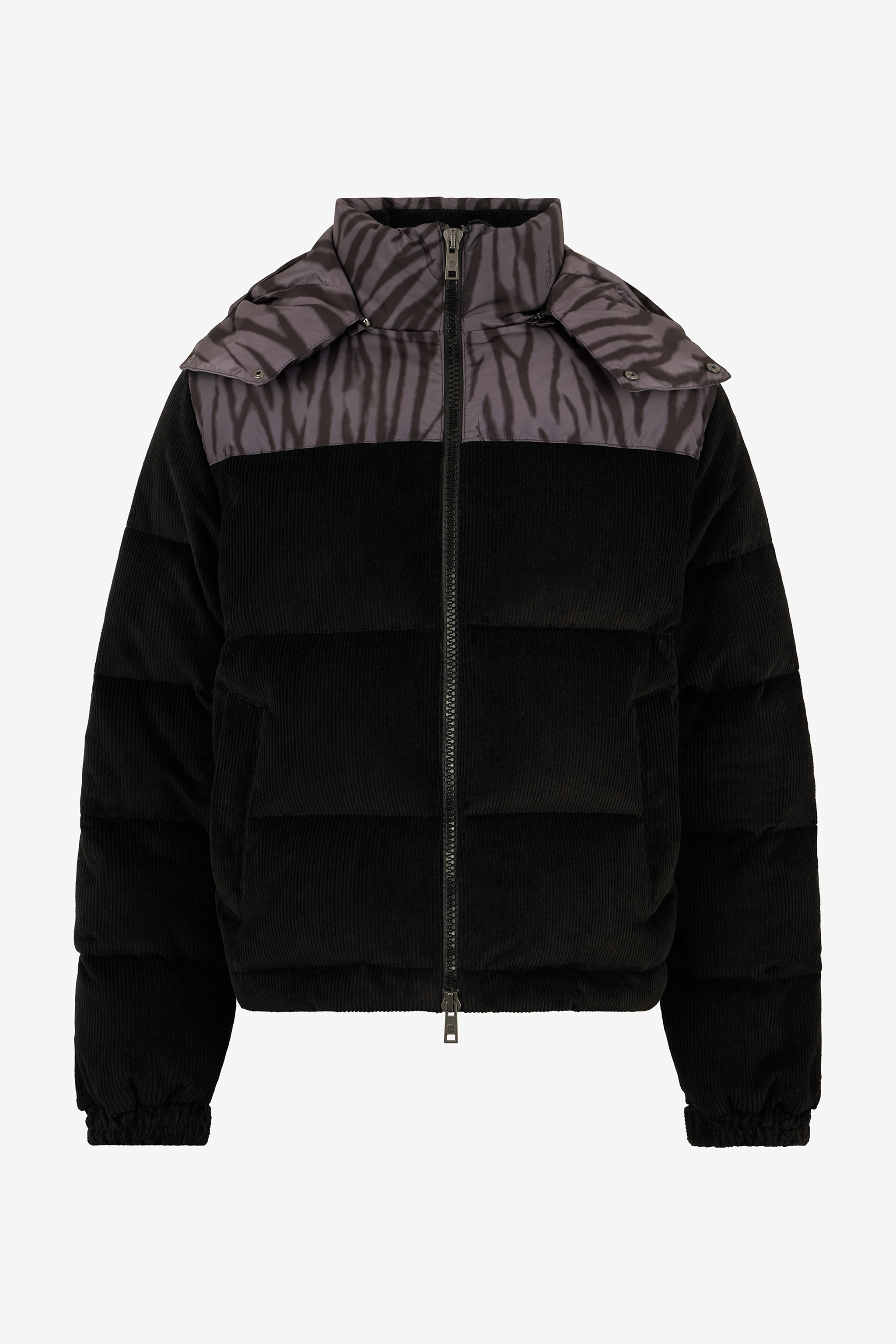 Black Corduroy Down Jacket With Zebra Print