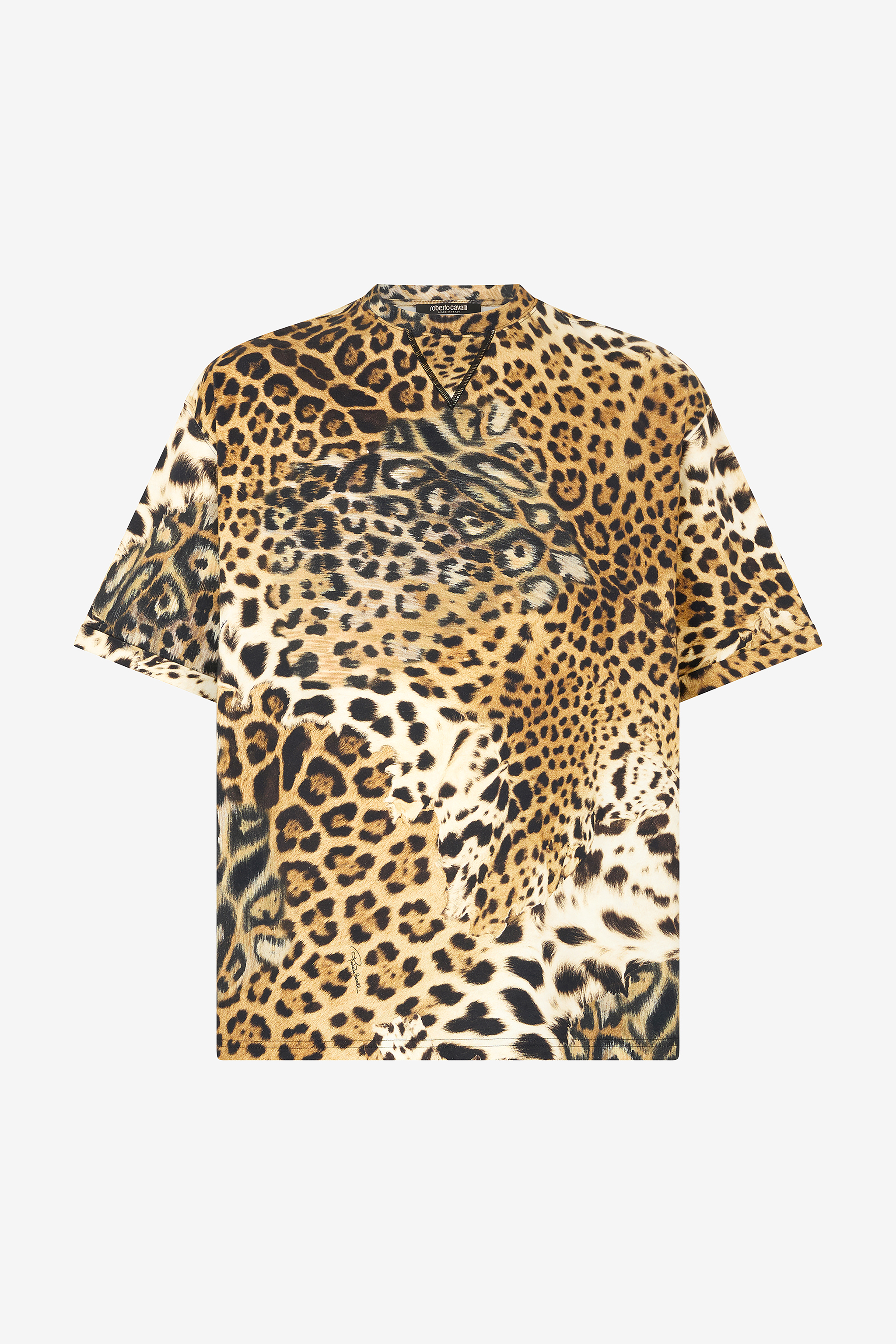Roberto Cavalli Men's Light/Brown Cotton T-Shirt With Leopard Print - T-Shirts And Polos