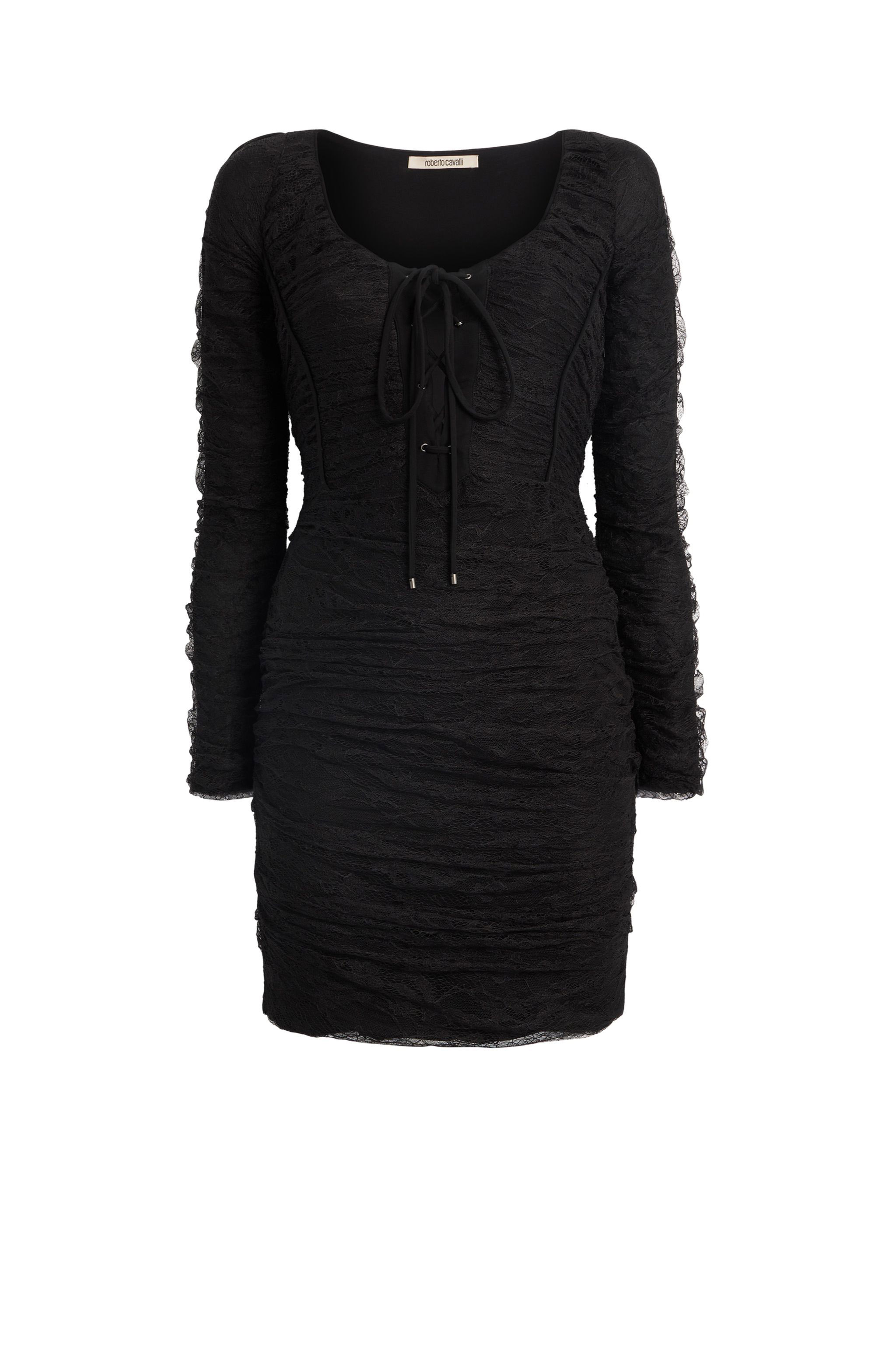 Roberto Cavalli Corset Front Gathered Lace Dress In Black