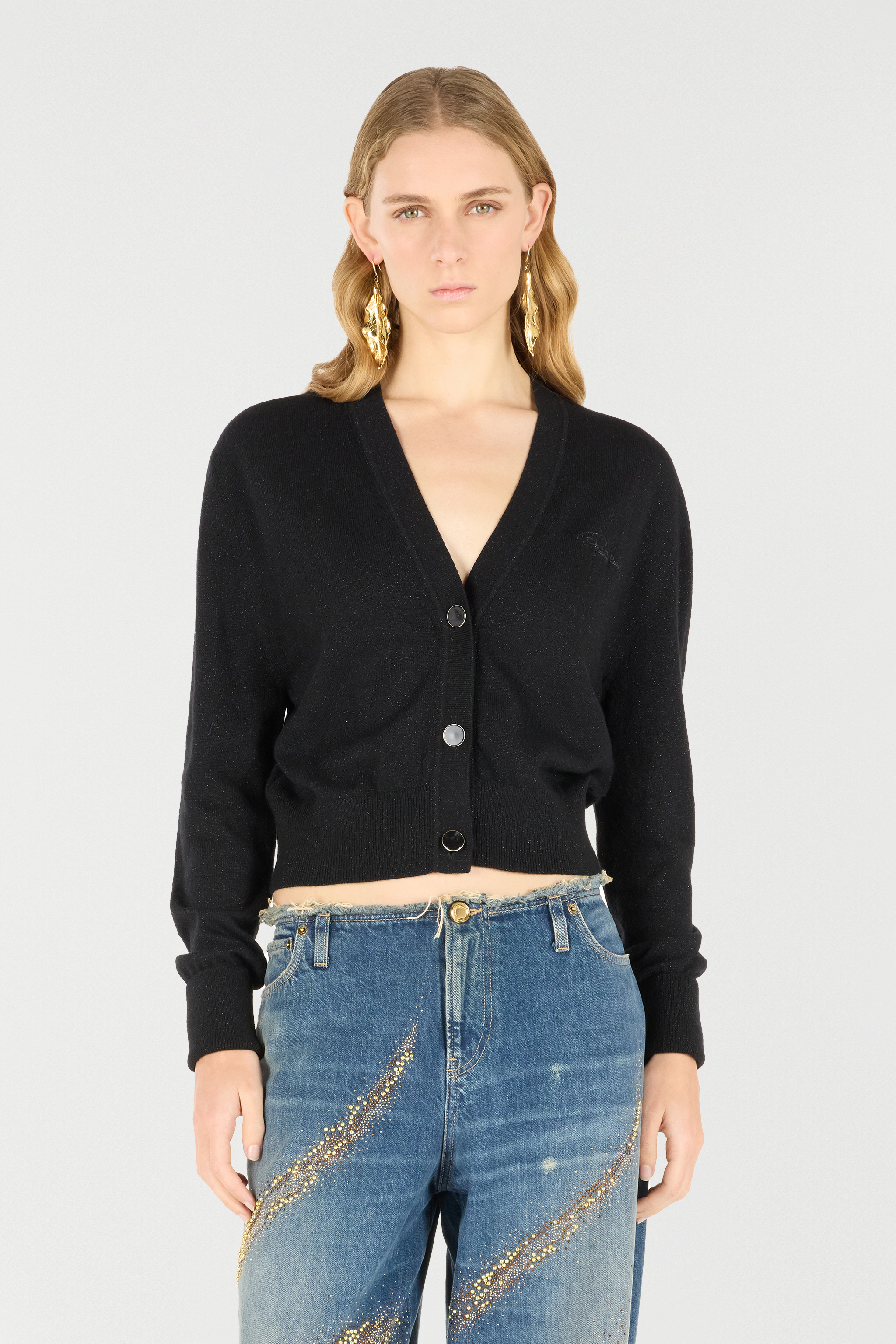 Roberto Cavalli Cropped Button-up Cardigan In Black