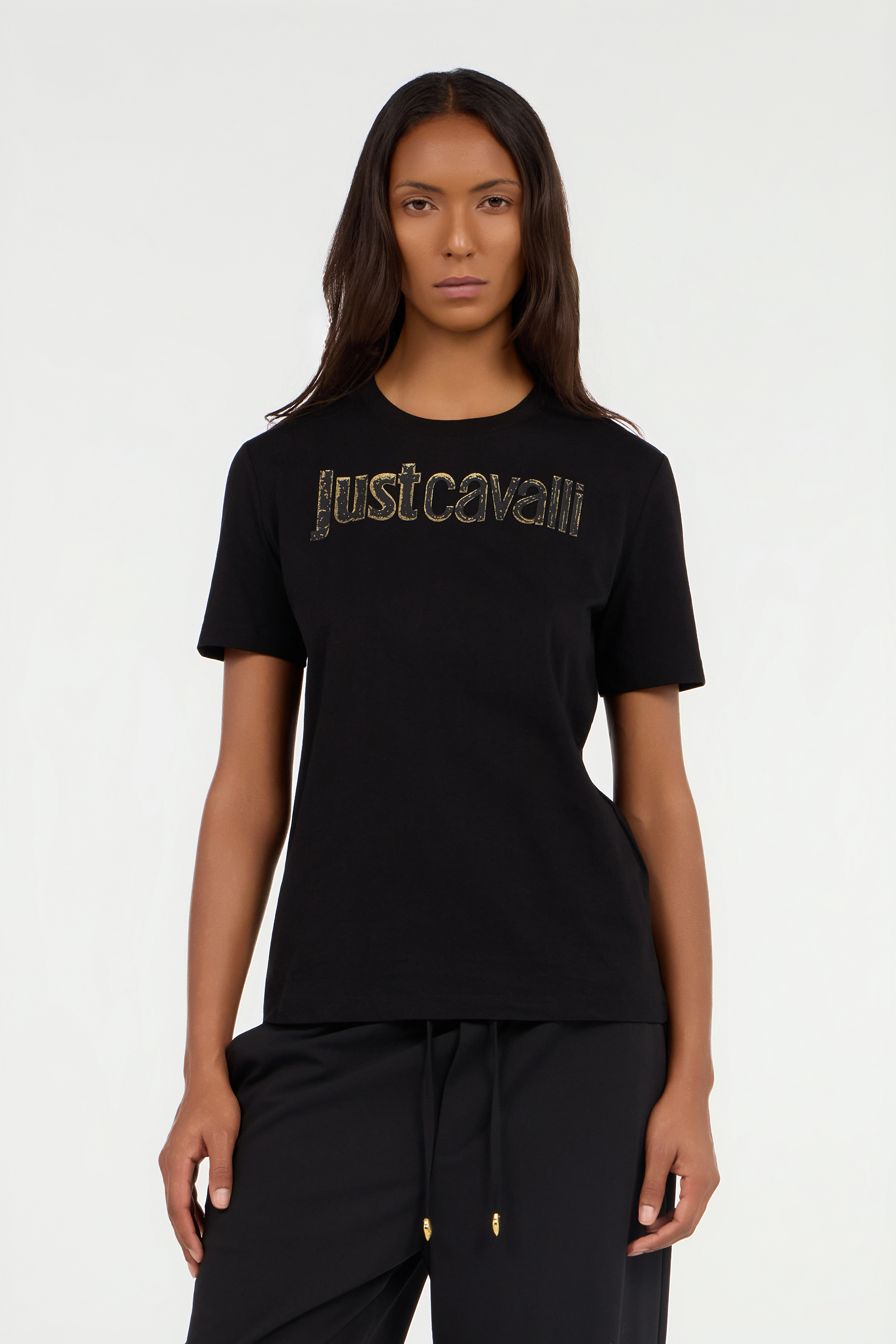 Roberto Cavalli Black T-shirt With Embroidered Logo In Black