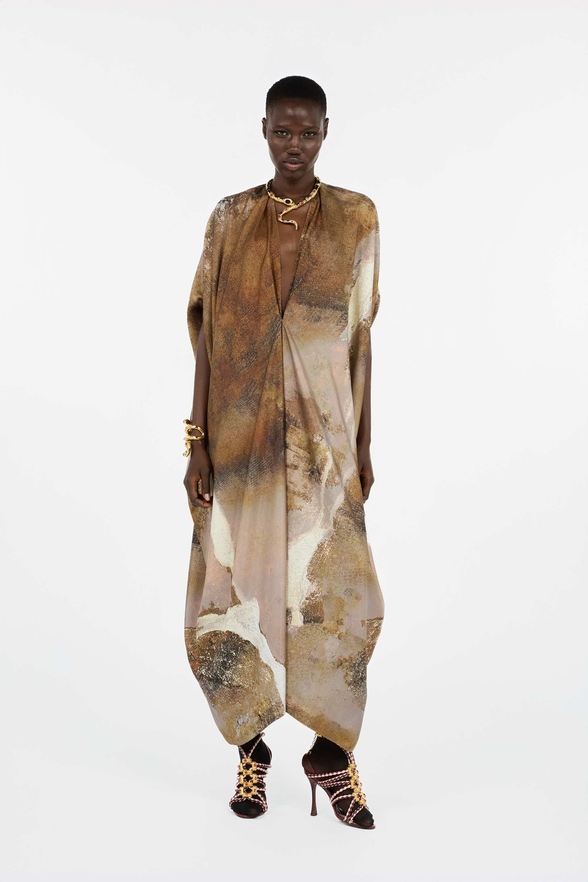 Roberto Cavalli Beige Silk Caftan With Marble Print In Brown