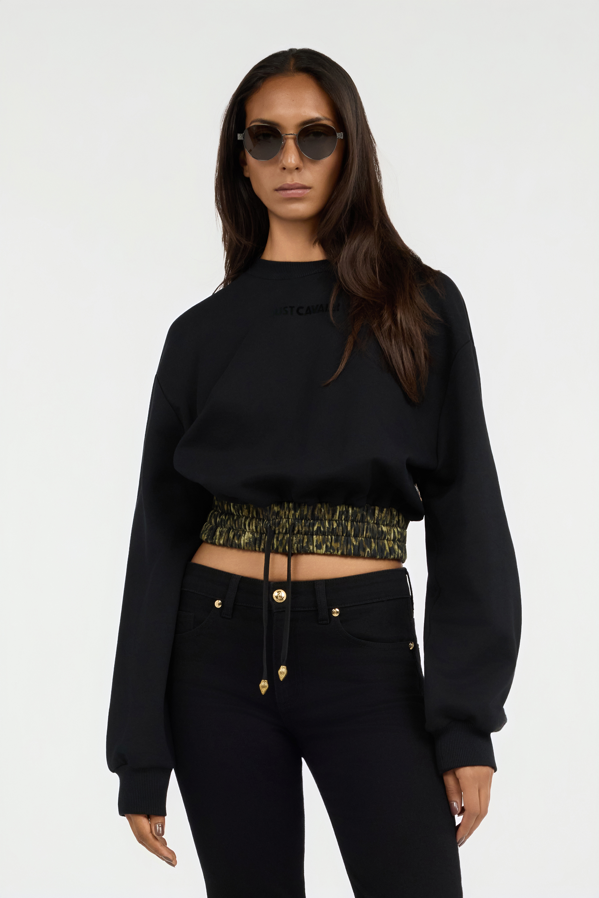 Roberto Cavalli Women's Black Cropped Sweatshirt With Animalier Print Band - Sweatshirts Verde 185