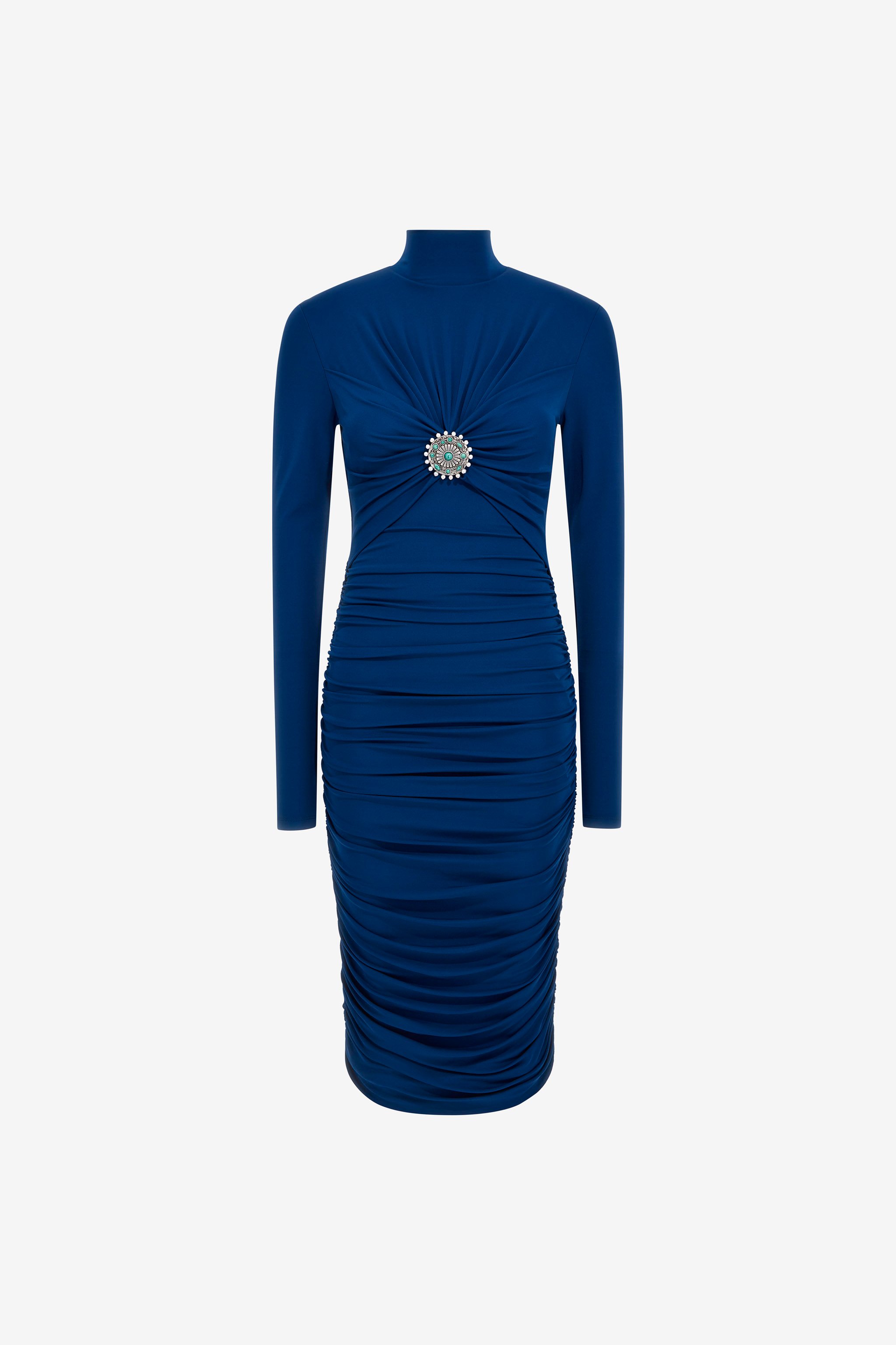 Roberto Cavalli Midi Dress With Ruffles And Stones In Dark Blue
