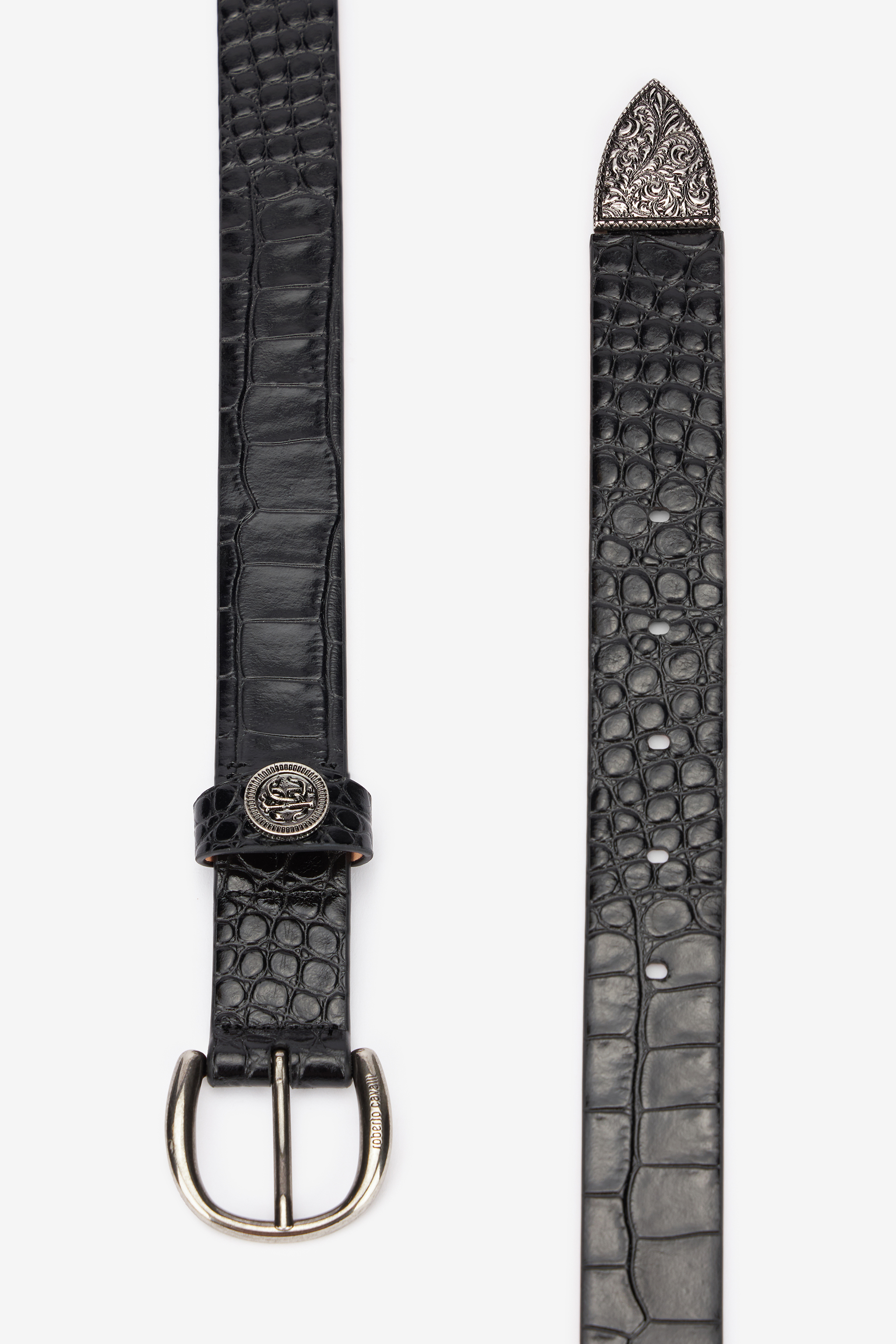 Roberto Cavalli Leather Belt With Mirror Snake Monogram In Black