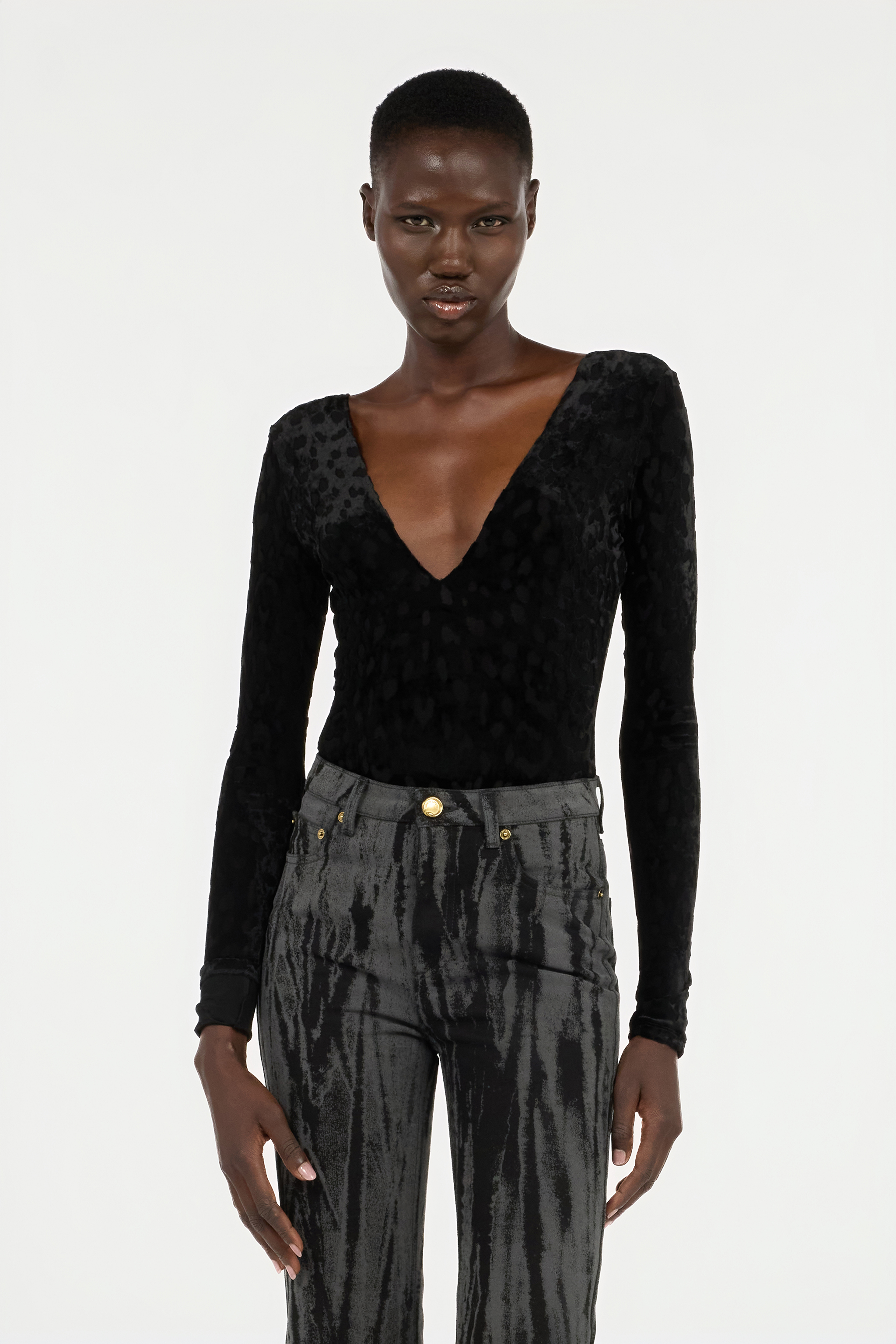 Roberto Cavalli Black Bodysuit With Jaguar Skin Pattern In Black
