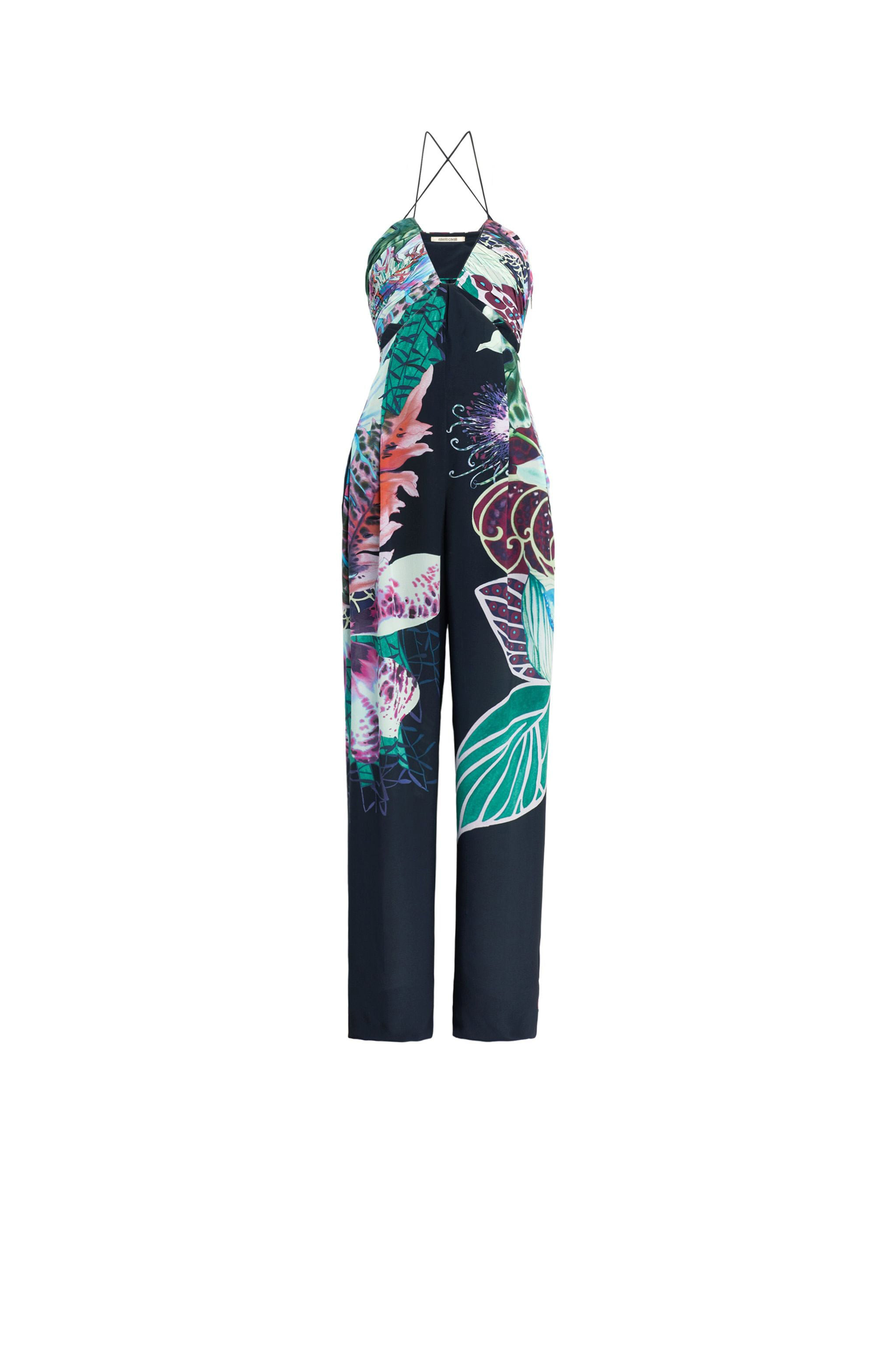 Roberto Cavalli Exotic Flora Print Silk Jumpsuit In Dark Blue