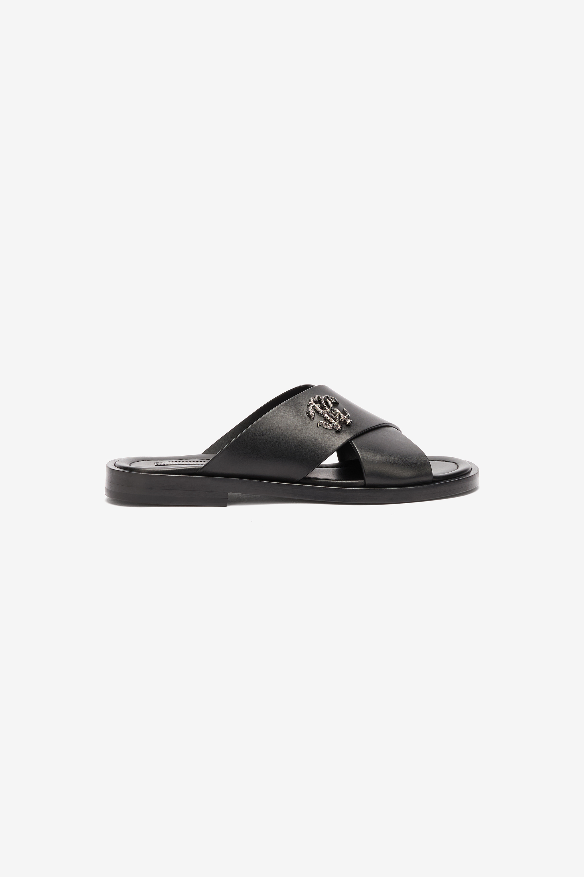 Roberto Cavalli Slides With Straps And Monogram Mirror Snake In Black