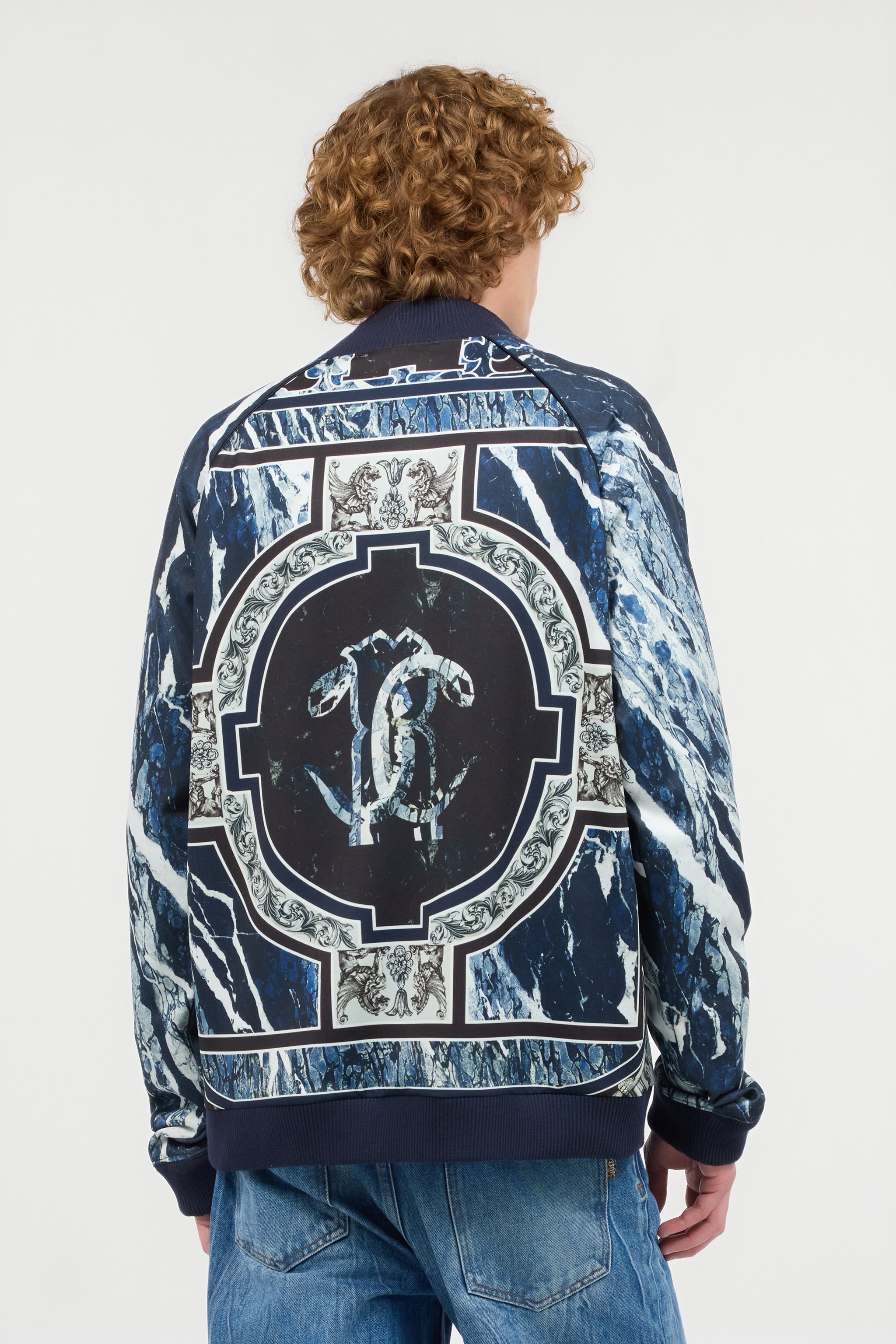 Roberto Cavalli Zip Sweatshirt With Rubane Print In Blue